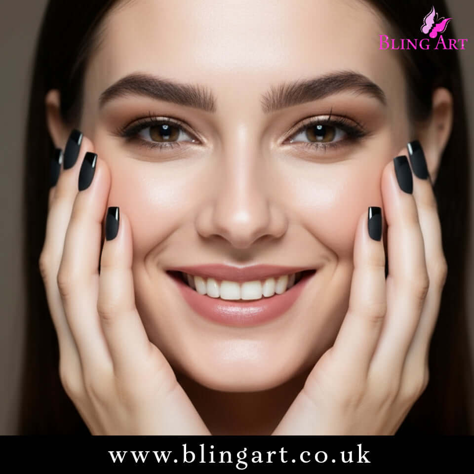 False Nails by Bling Art Black Matte French Manicure Fake Medium Tips with Glue