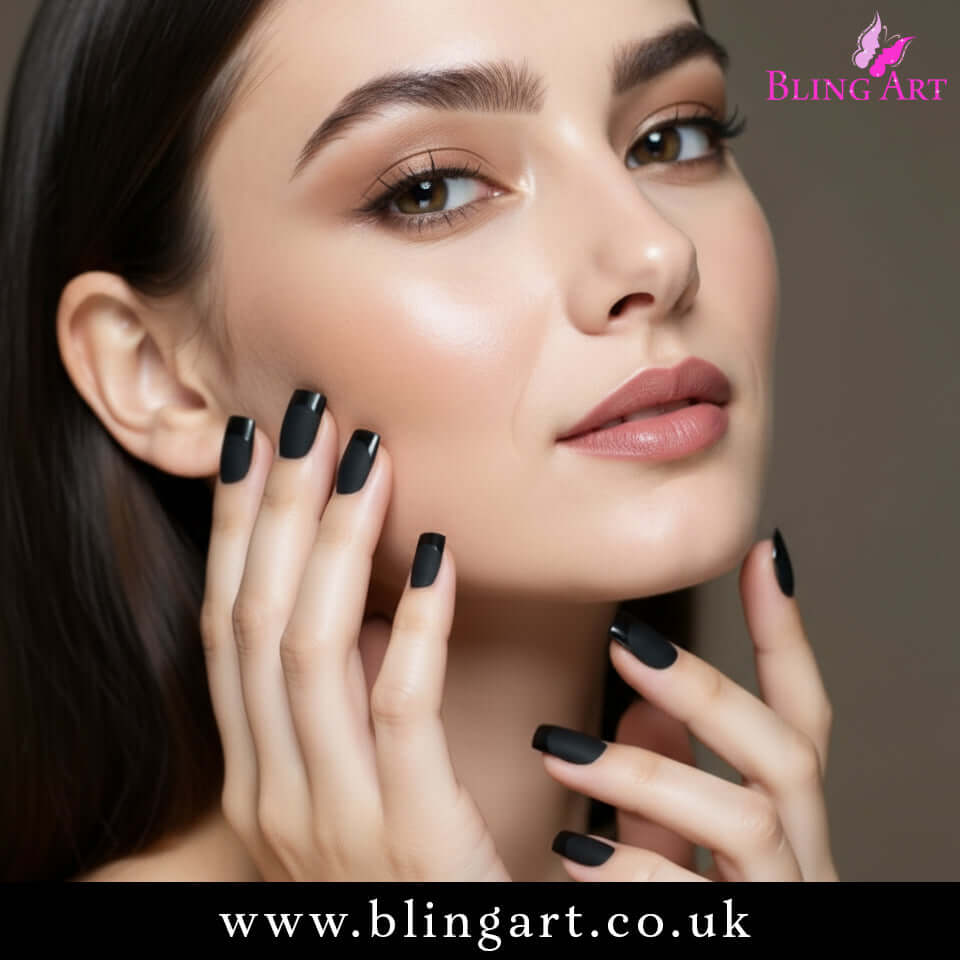 Multipack - False Nails by Bling Art Black Matte French Manicure Fake Medium Tips with Glue