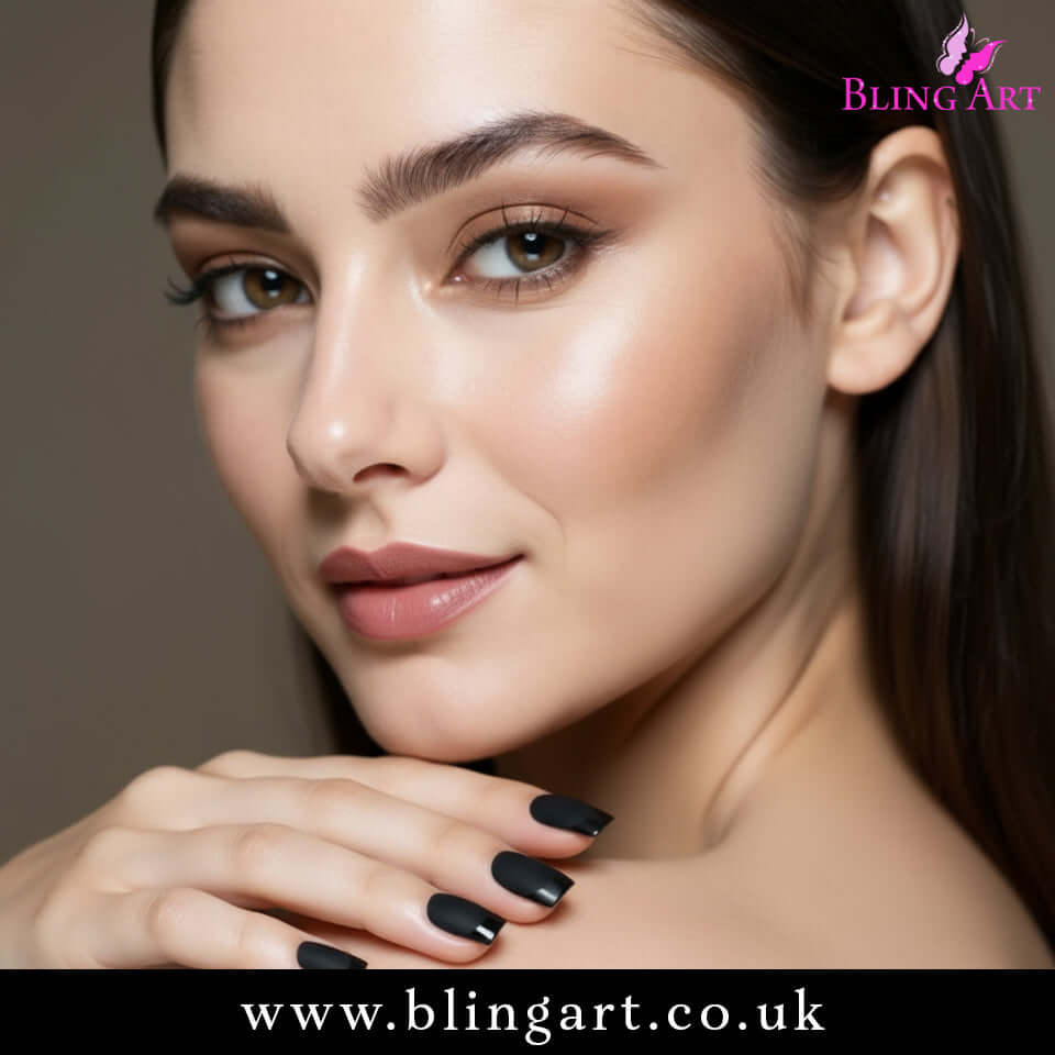 Multipack - False Nails by Bling Art Black Matte French Manicure Fake Medium Tips with Glue