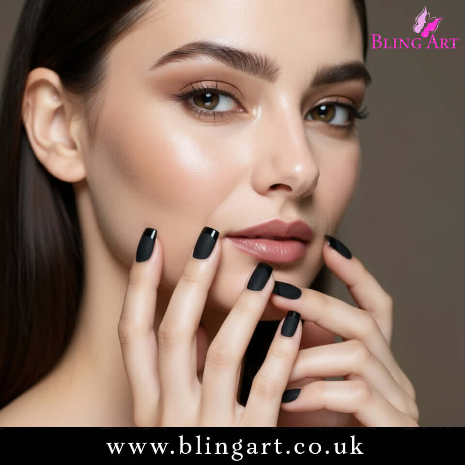 Multipack - False Nails by Bling Art Black Matte French Manicure Fake Medium Tips with Glue