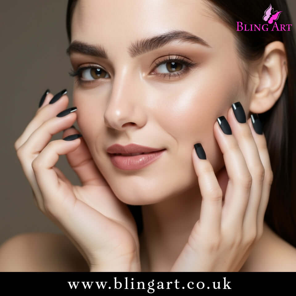 Multipack - False Nails by Bling Art Black Matte French Manicure Fake Medium Tips with Glue