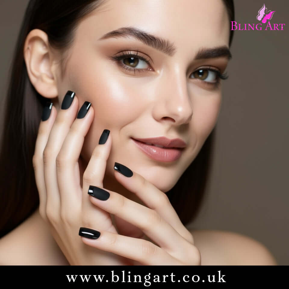 Multipack - False Nails by Bling Art Black Matte French Manicure Fake Medium Tips with Glue