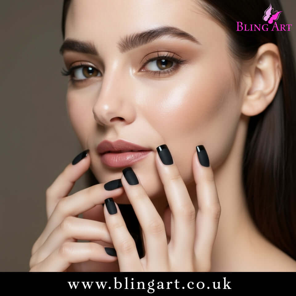 Multipack - False Nails by Bling Art Black Matte French Manicure Fake Medium Tips with Glue