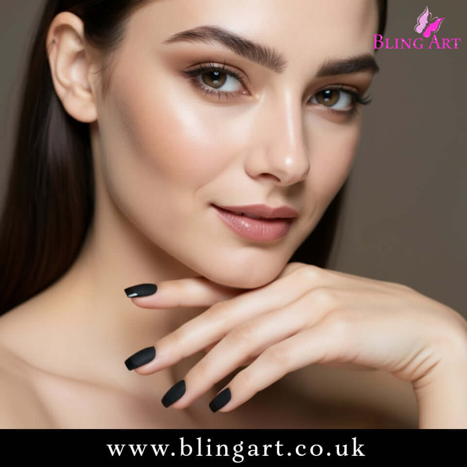 Multipack - False Nails by Bling Art Black Matte French Manicure Fake Medium Tips with Glue - Close-up of black matte nails.