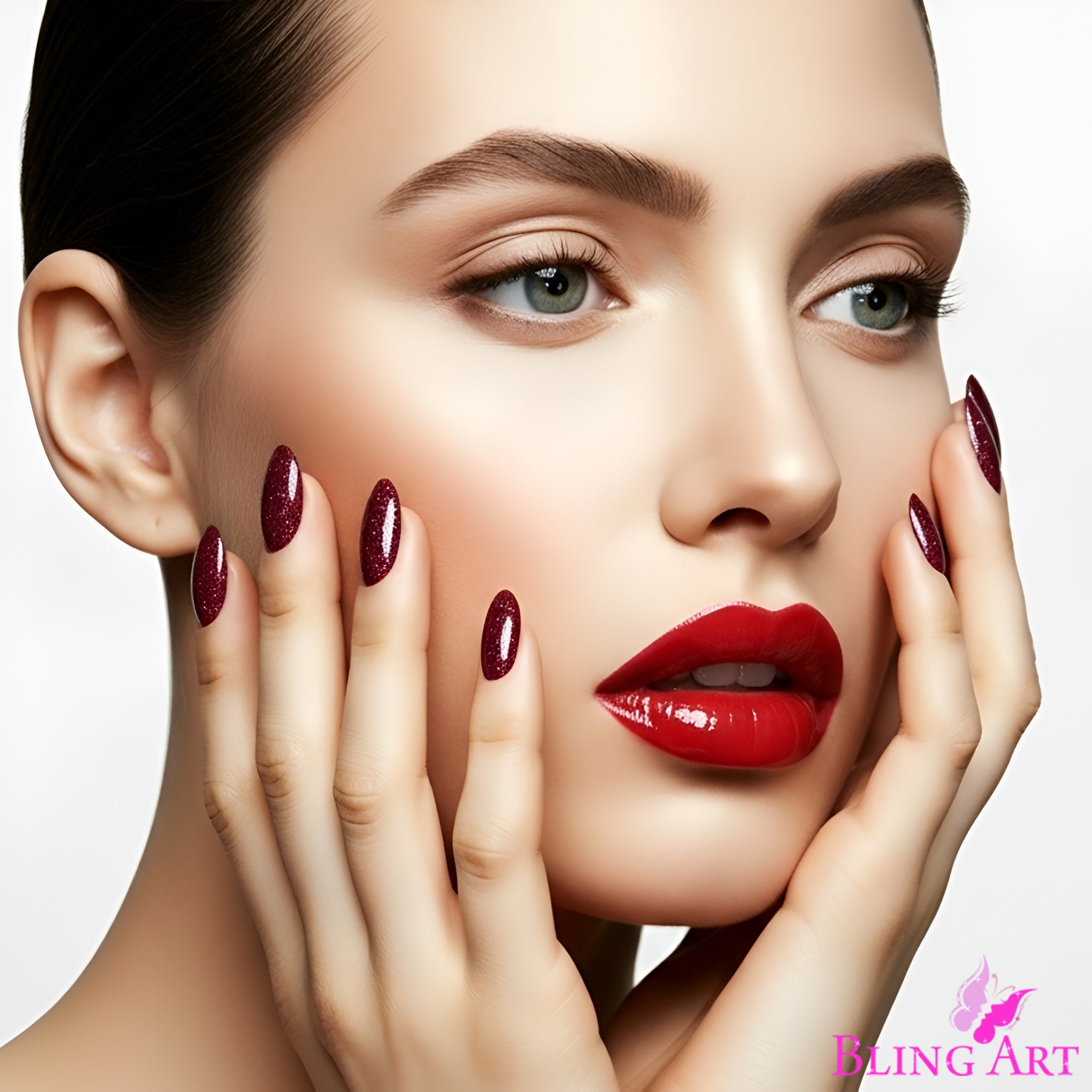 False Nails by Bling Art Red Brown Gel Oval Medium Acrylic Tips with Glue showing sparkly purple shade.