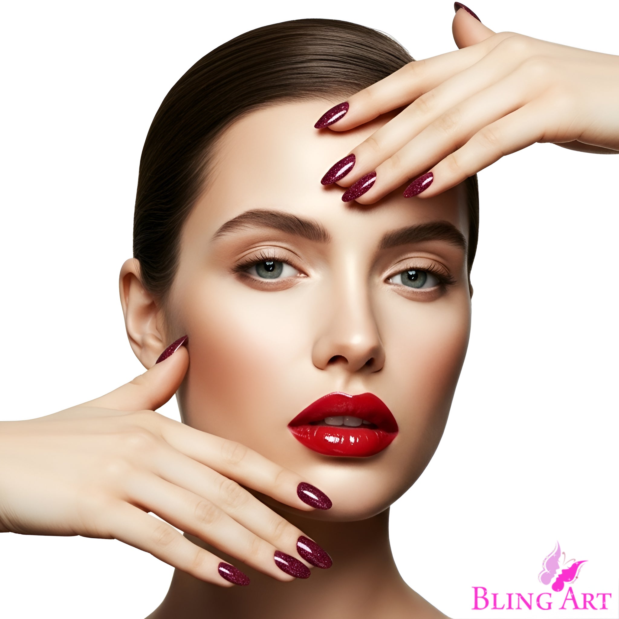 False Nails by Bling Art Red Brown Gel Oval Medium  Acrylic Tips with Glue