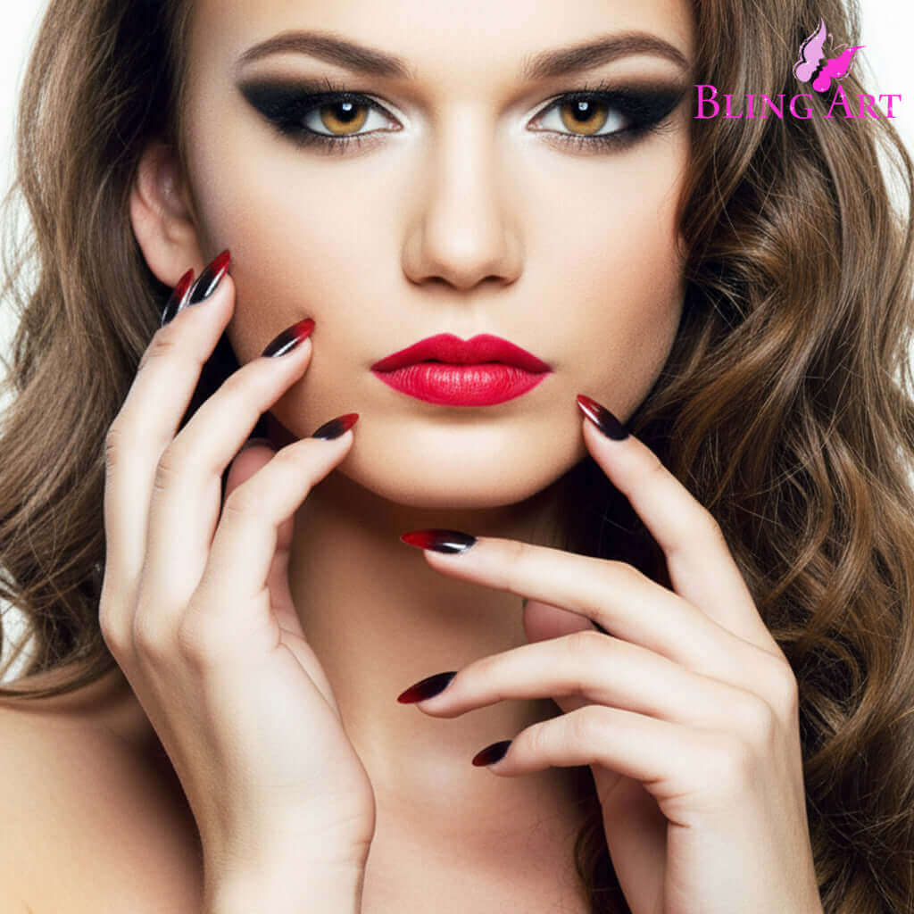 Multipack - False Nails by Bling Art Red Black Almond Stiletto Acrylic 24 Fake Long Tips