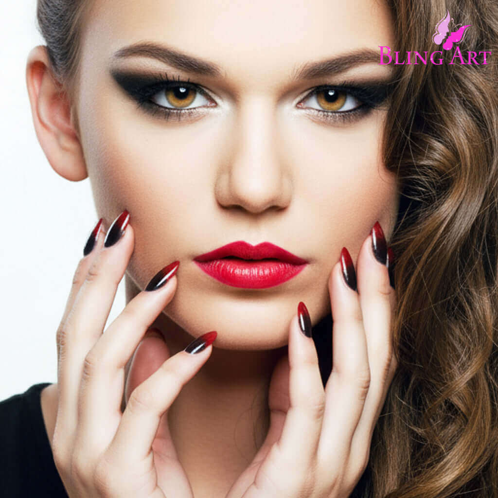 Multipack - False Nails by Bling Art Red Black Almond Stiletto Acrylic 24 Fake Long Tips