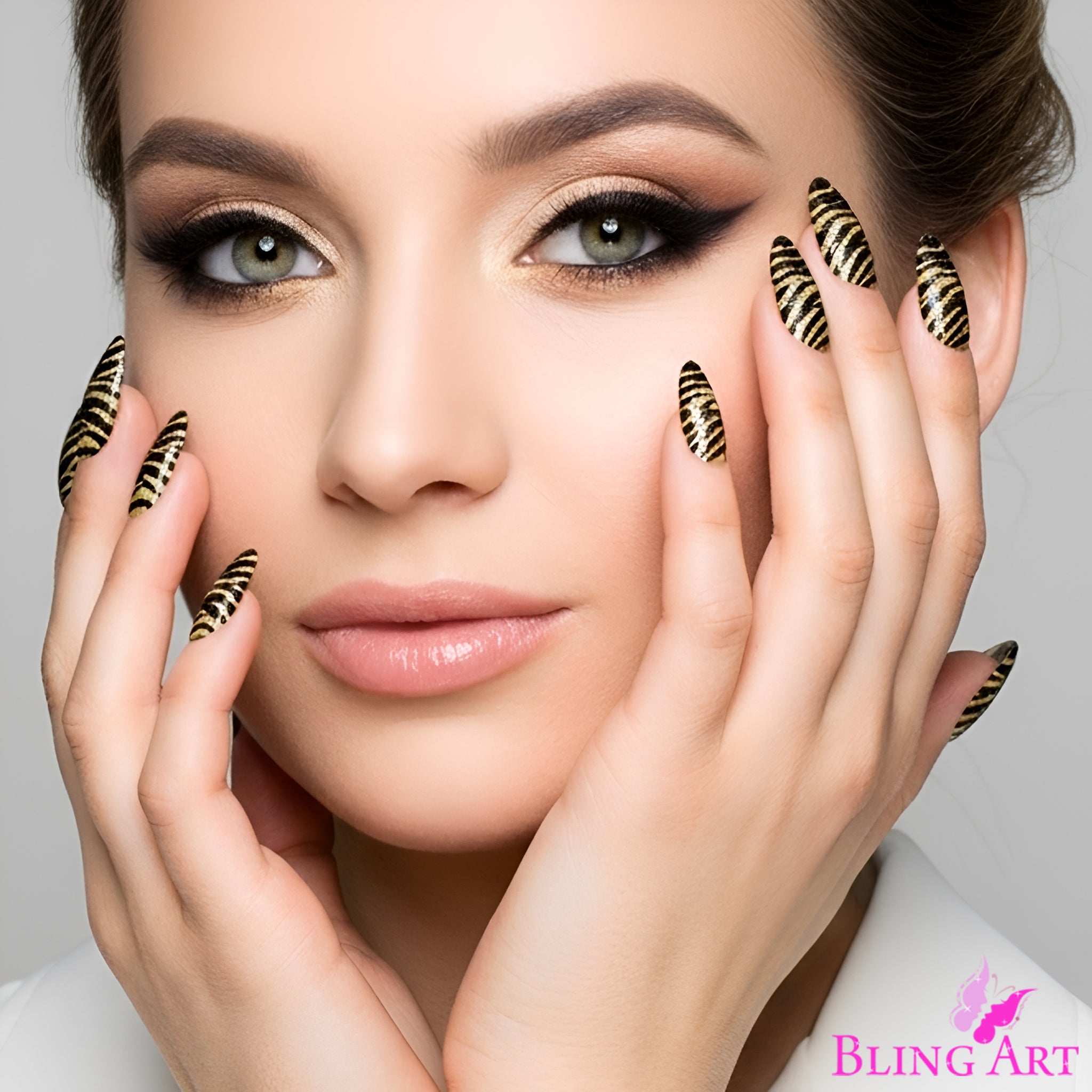 False Nails Bling Art Gold Black Almond Stiletto Long Fake Acrylic Tips with Glue