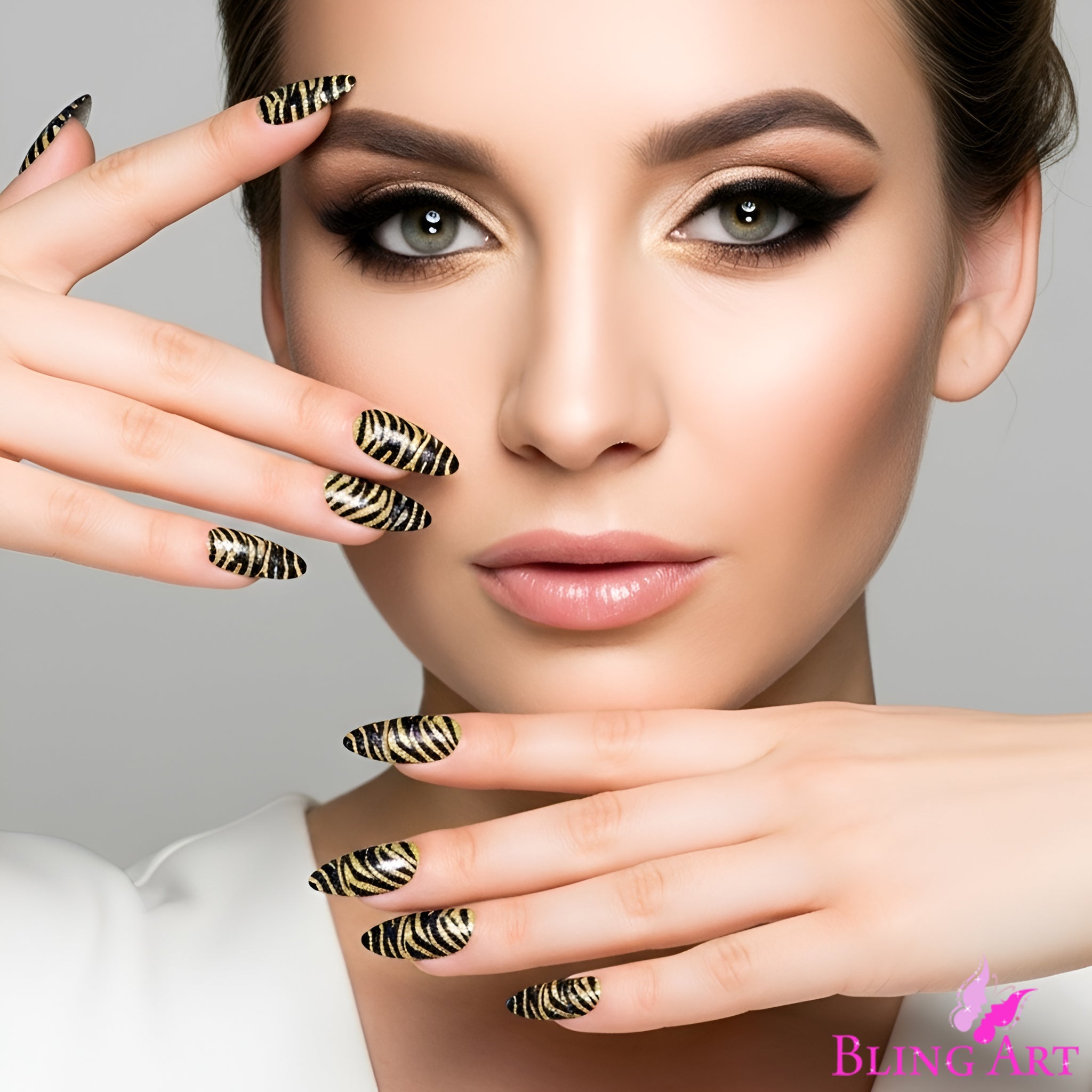 False Nails Bling Art Gold Black Almond Stiletto Long Fake Acrylic Tips with Glue