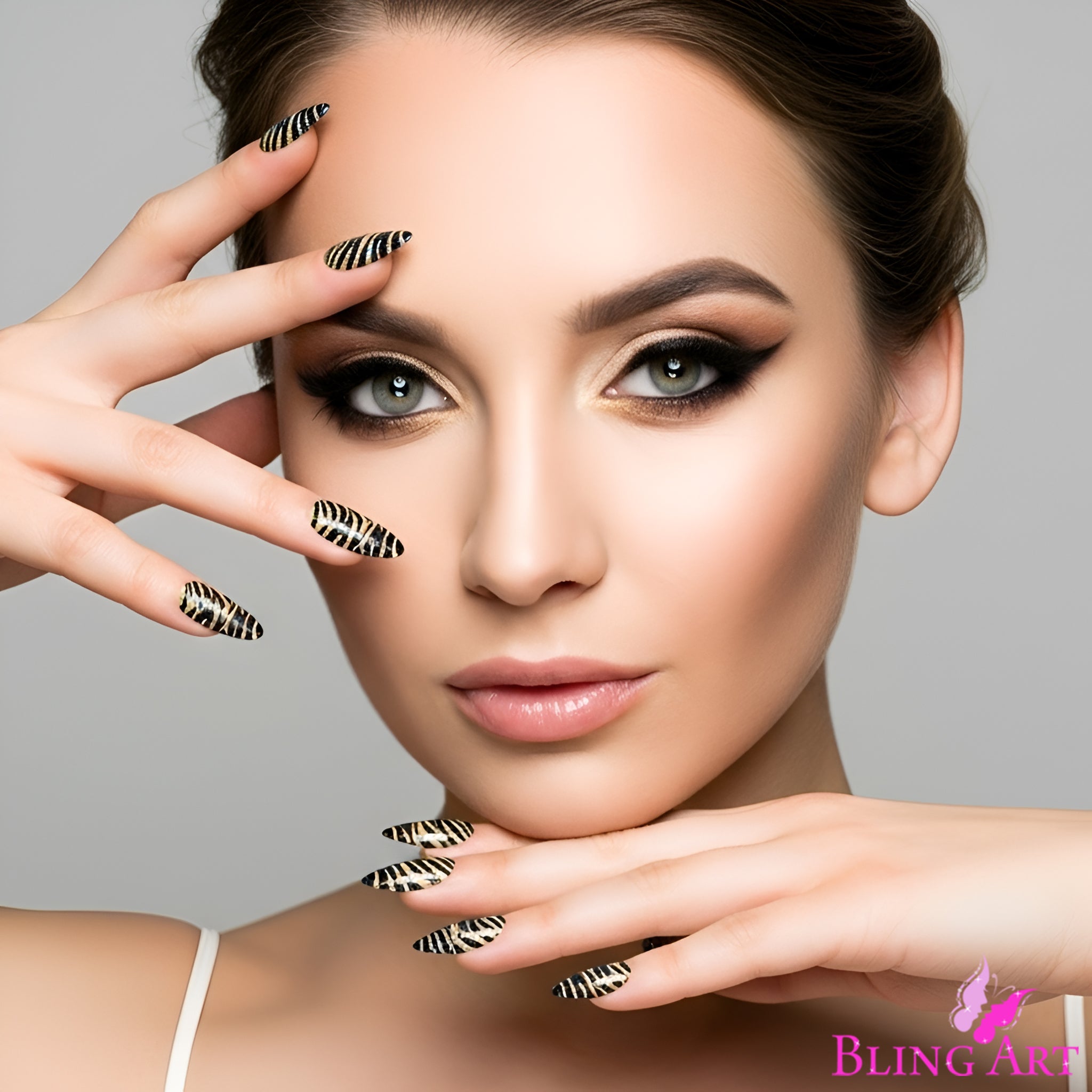 False Nails Bling Art Gold Black Almond Stiletto Long Fake Acrylic Tips with Glue