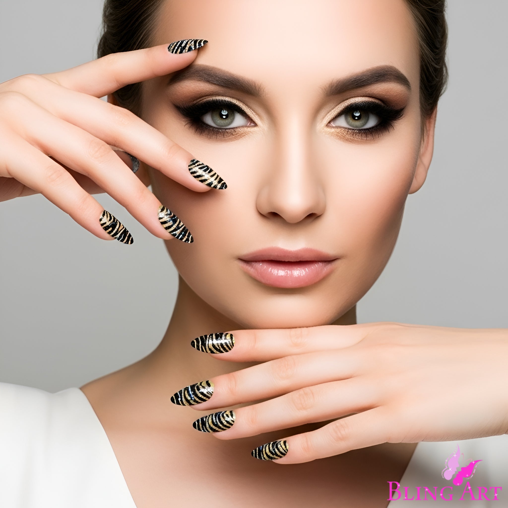 False Nails Bling Art Gold Black Almond Stiletto Long Fake Acrylic Tips with Glue