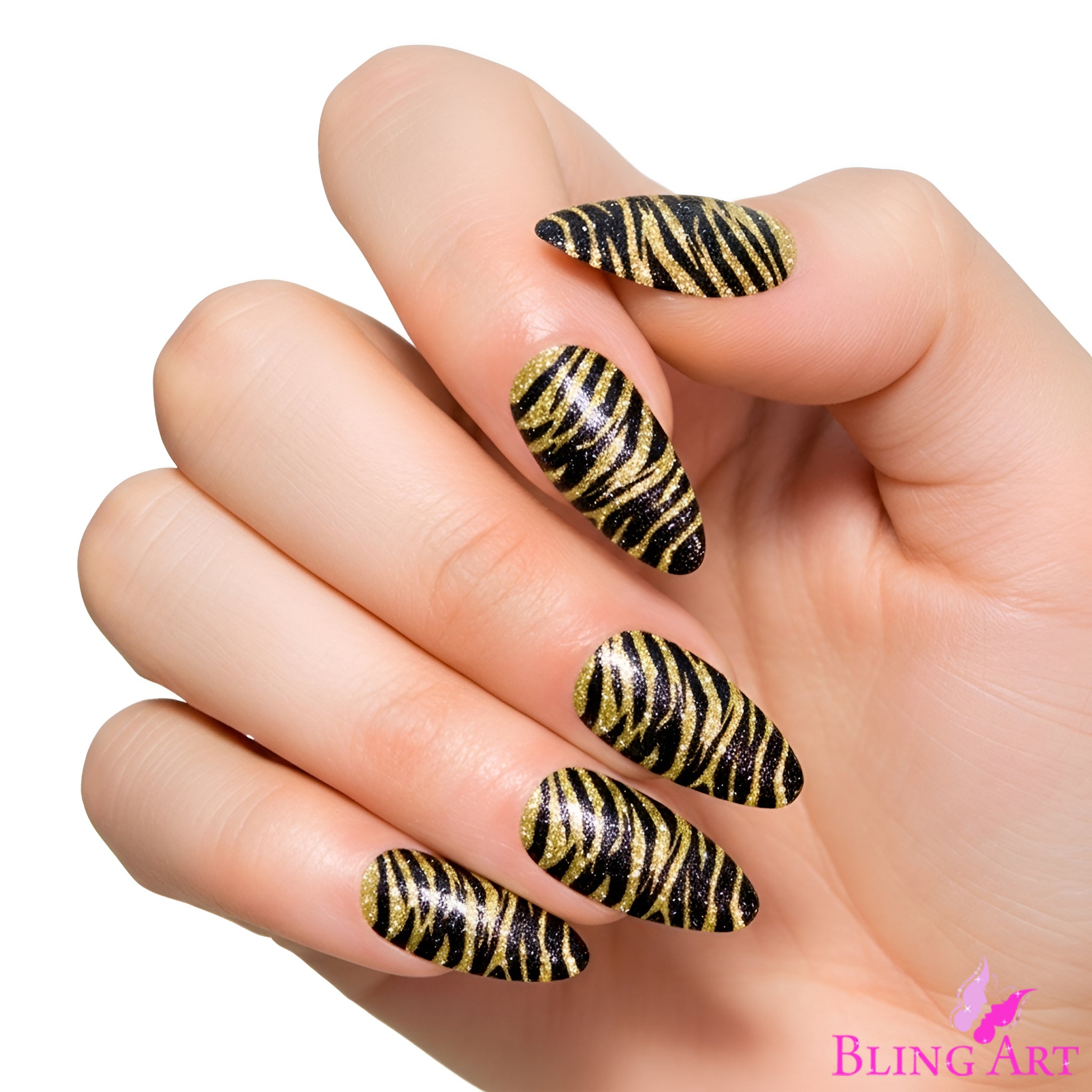 False Nails Bling Art Gold Black Almond Stiletto Long Fake Acrylic Tips with Glue