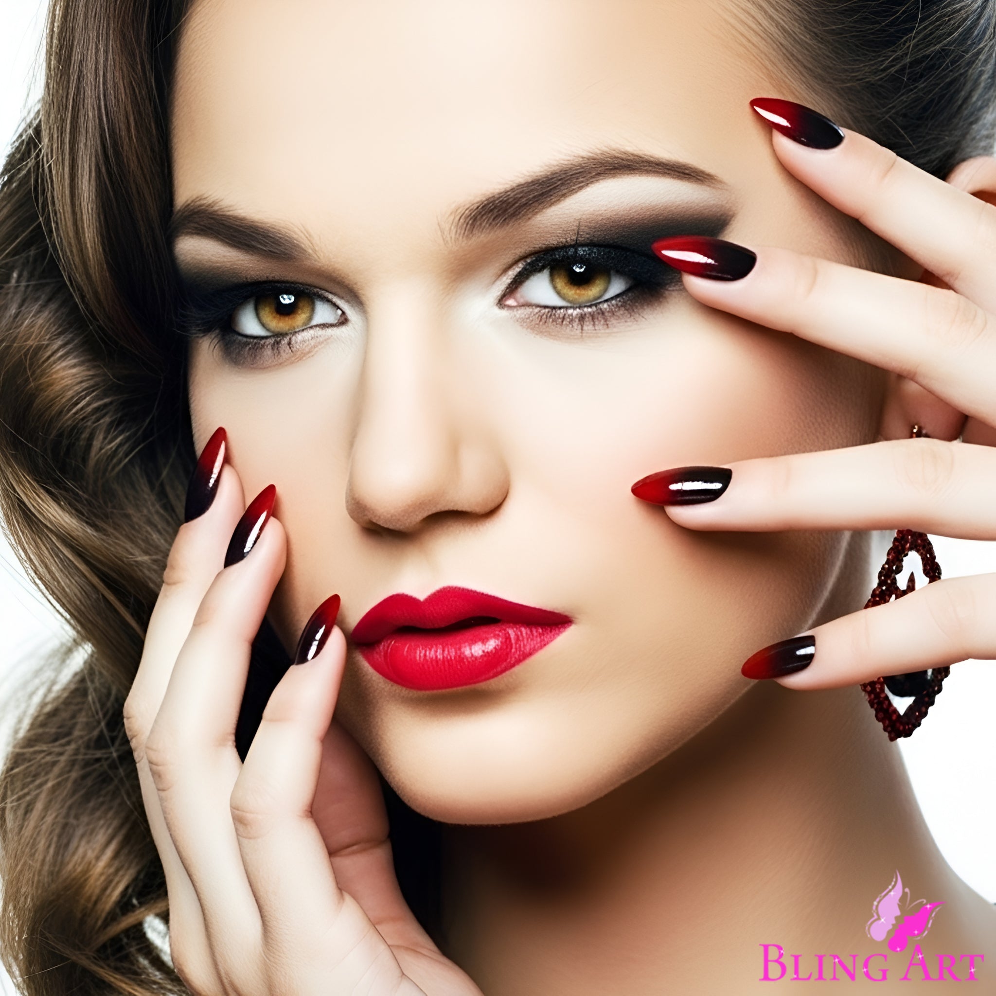 False Nails by Bling Art Red Black Almond Stiletto Acrylic 24 Fake Long Tips