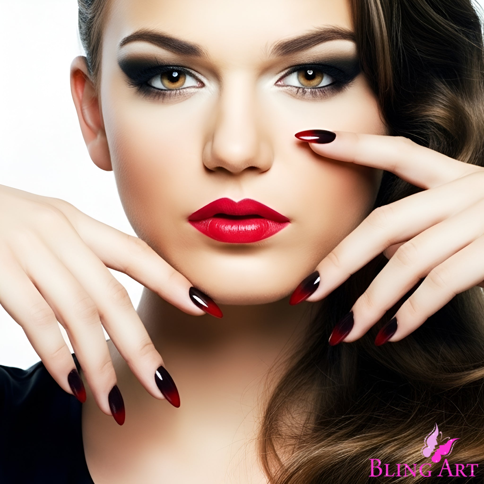 False Nails by Bling Art Red Black Almond Stiletto Acrylic 24 Fake Long Tips