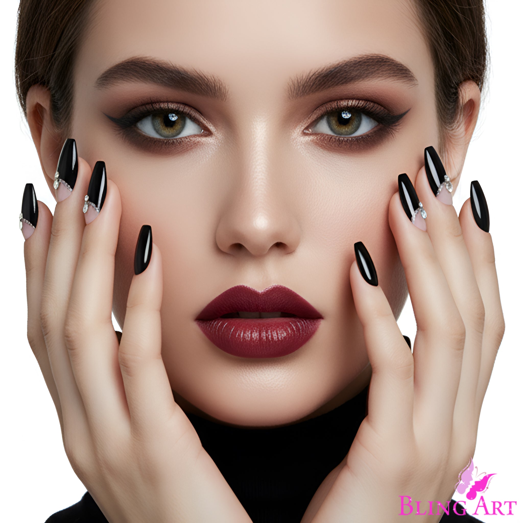 False Nails Bling Art Black Crystal Polished Ballerina Coffin Long Fake Tips