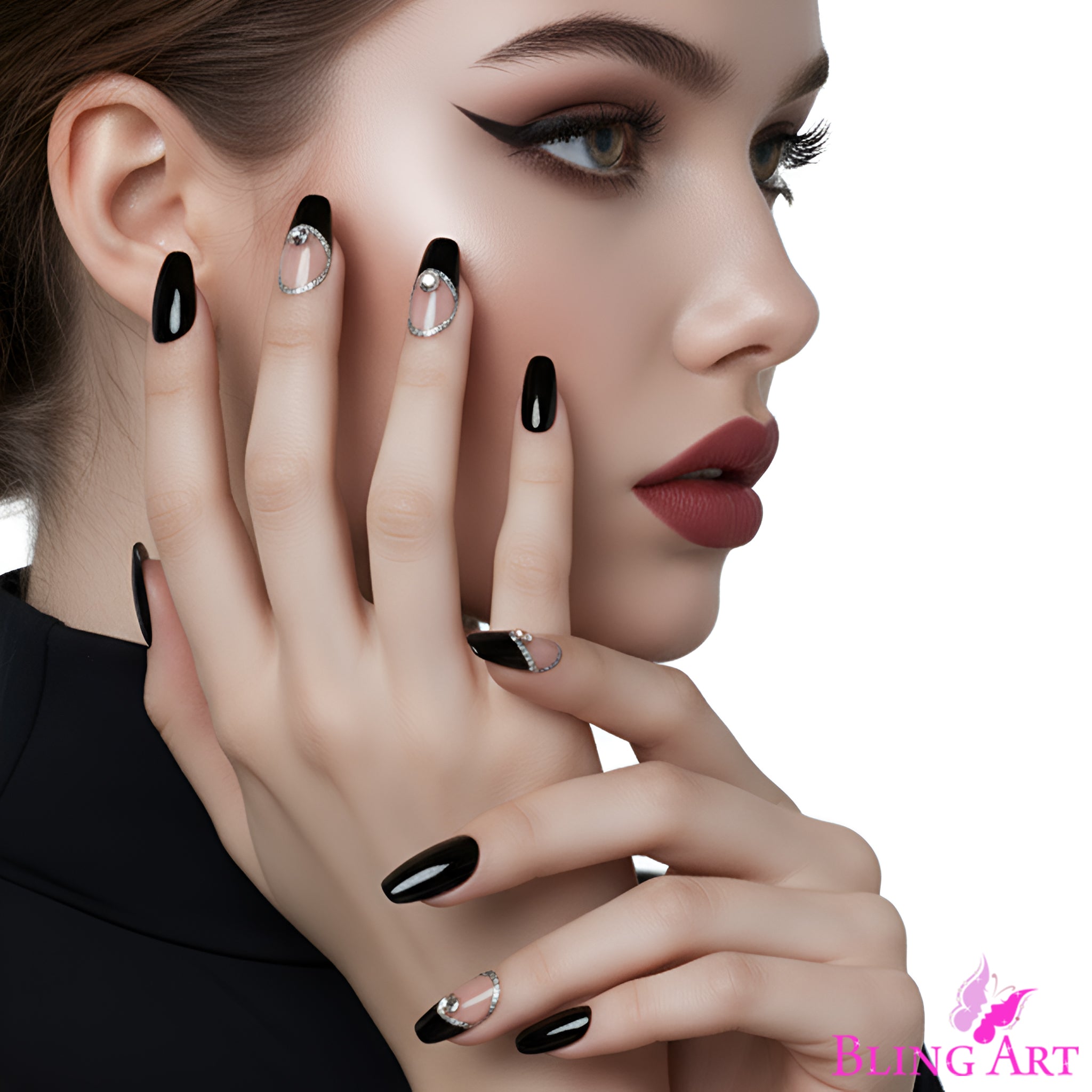 False Nails Bling Art Black Crystal Polished Ballerina Coffin Long Fake Tips