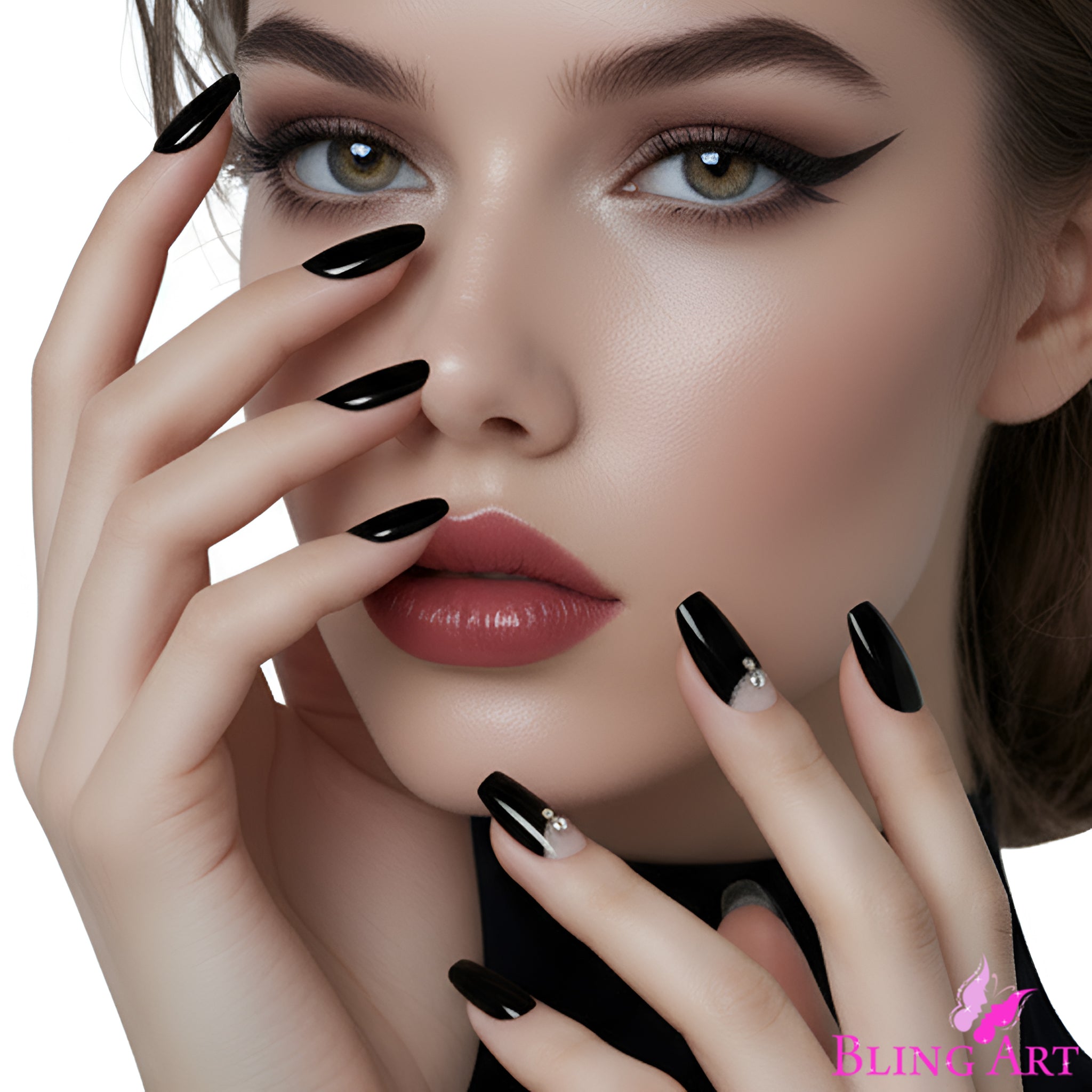 False Nails Bling Art Black Crystal Polished Ballerina Coffin Long Fake Tips