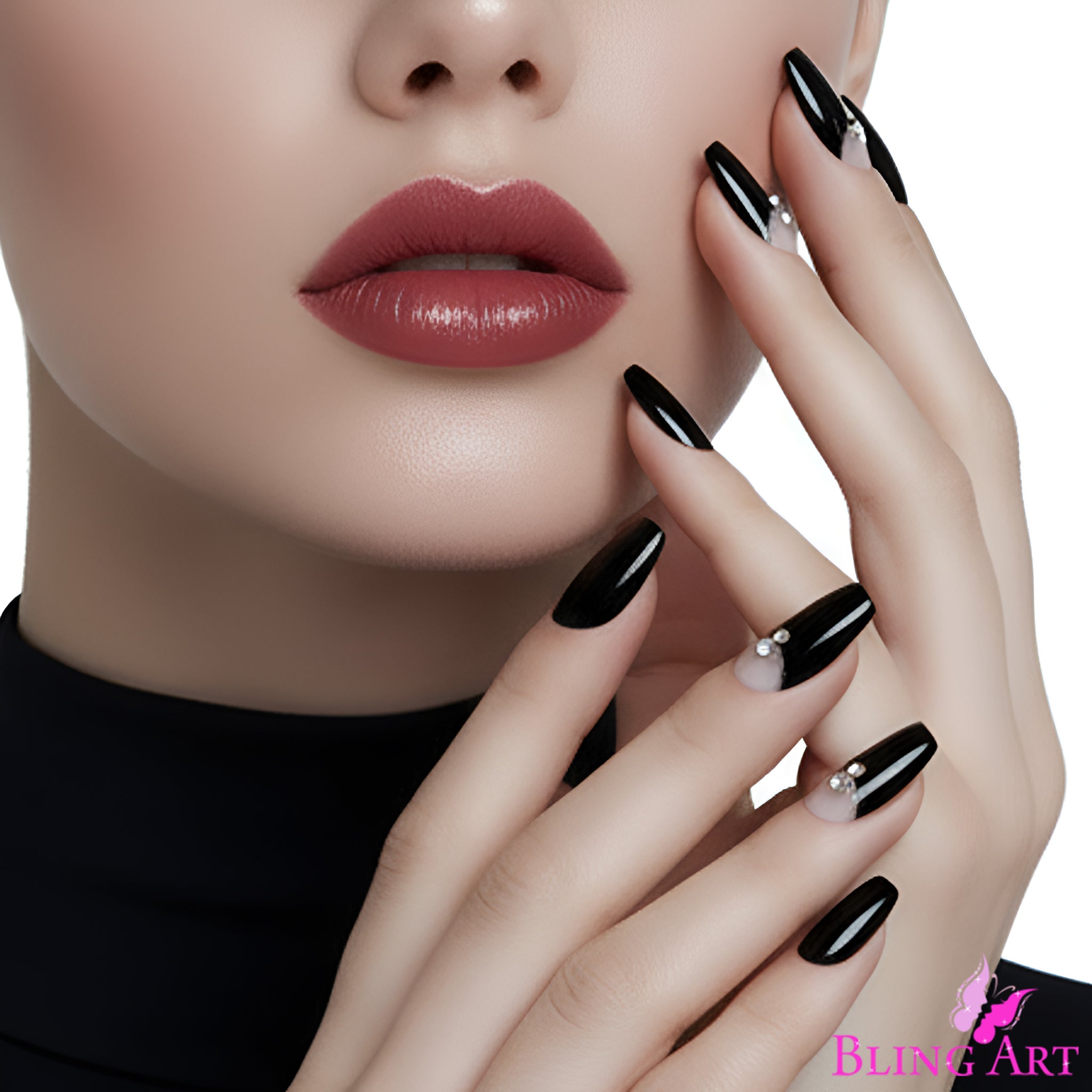 False Nails Bling Art Black Crystal Polished Ballerina Coffin Long Fake Tips