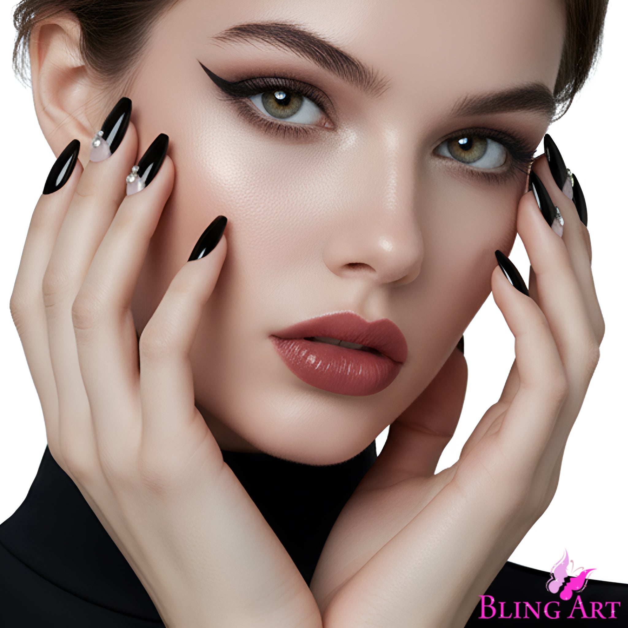 False Nails Bling Art Black Crystal Polished Ballerina Coffin Long Fake Tips