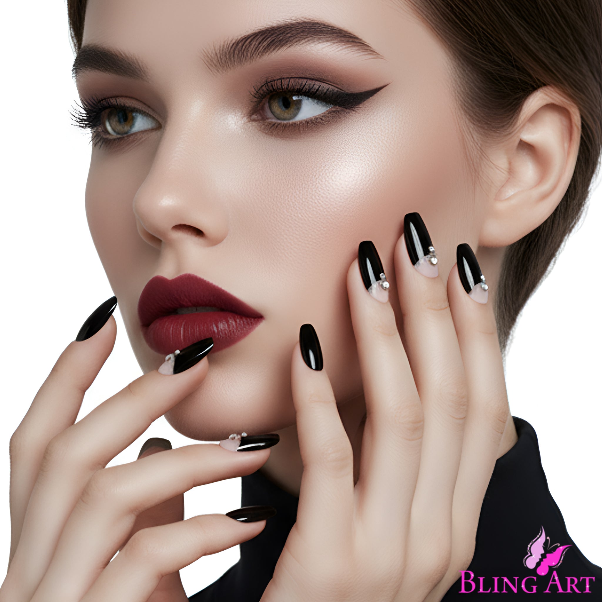 False Nails Bling Art Black Crystal Polished Ballerina Coffin Long Fake Tips