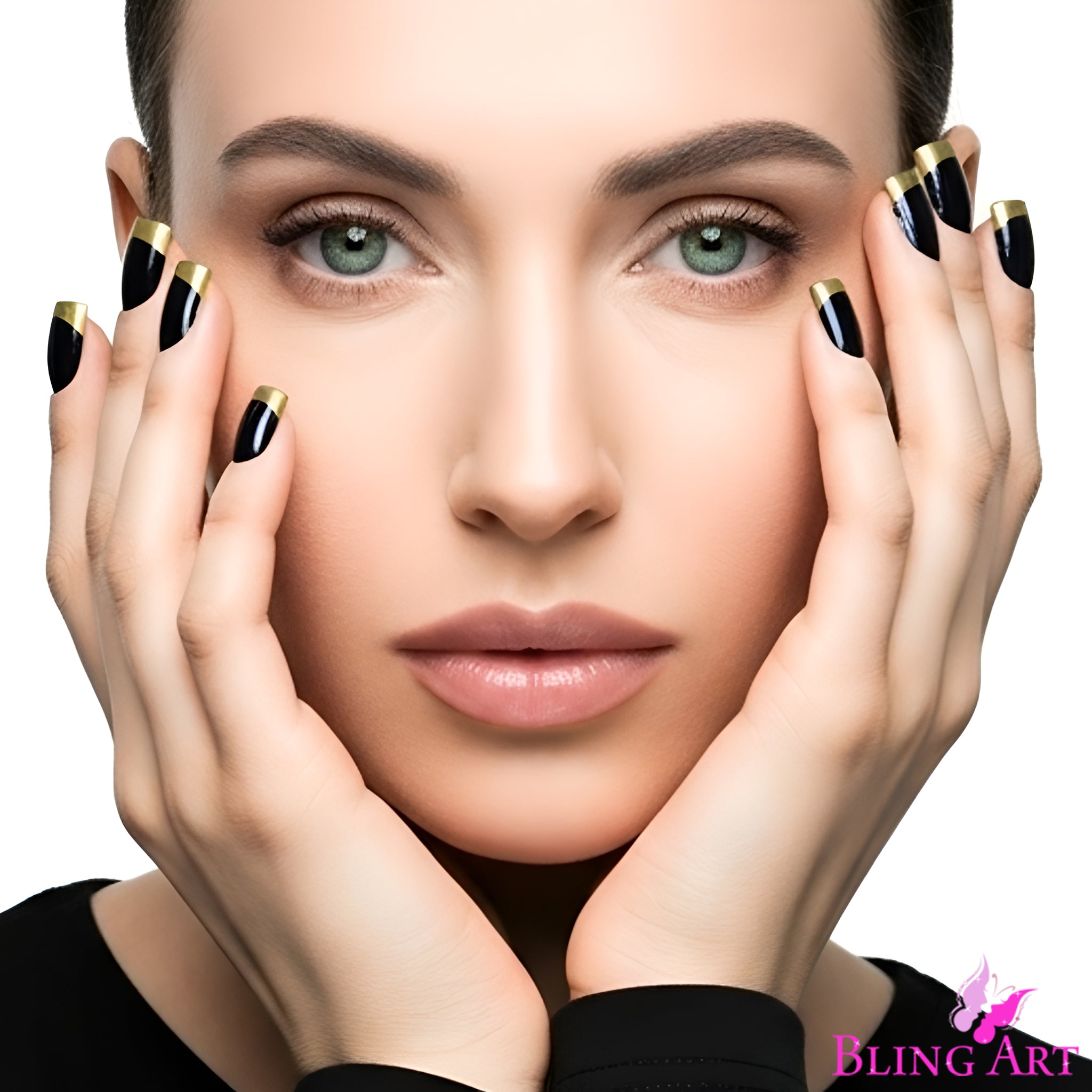 False Nails by Bling Art Gold Black French Manicure Fake Medium Tips with Glue