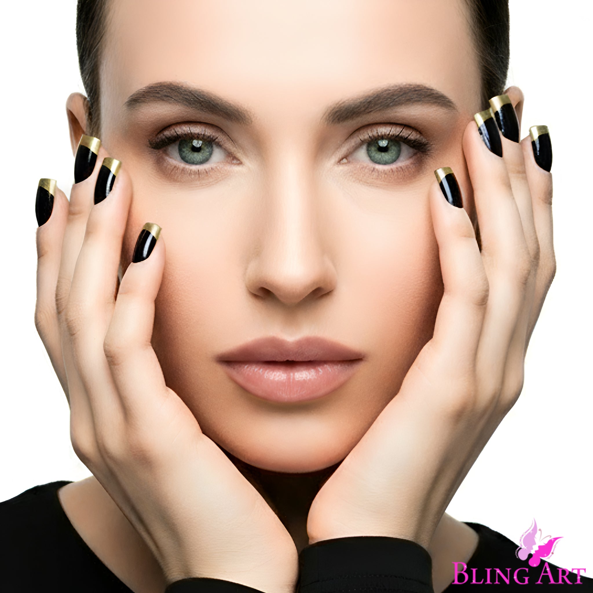 False Nails by Bling Art Gold Black French Manicure Fake Medium Tips with Glue