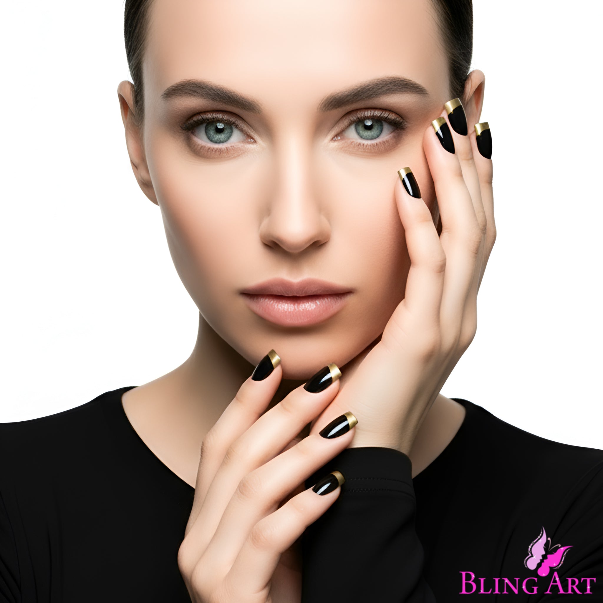 False Nails by Bling Art Gold Black French Manicure Fake Medium Tips with Glue