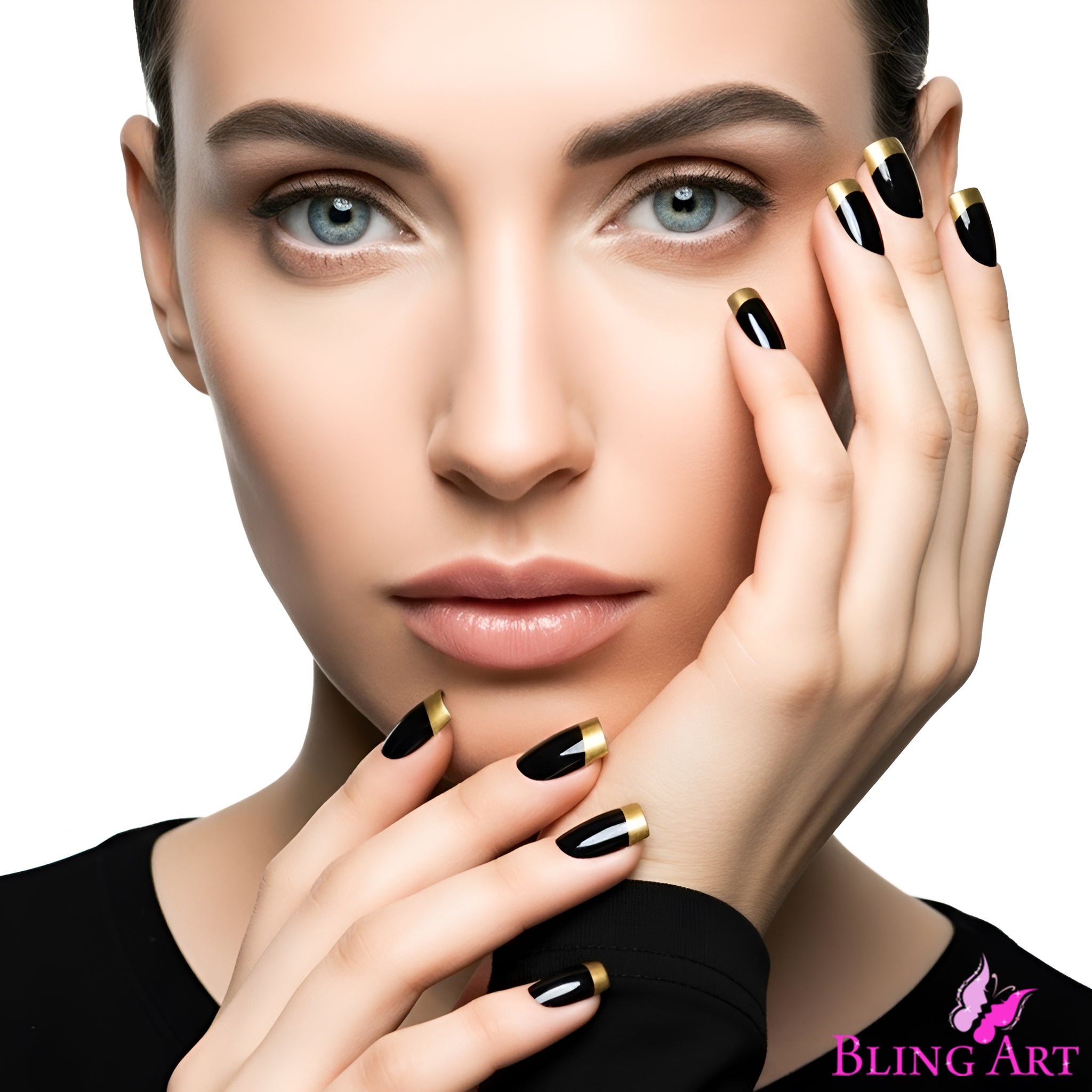 False Nails by Bling Art Gold Black French Manicure Fake Medium Tips with Glue
