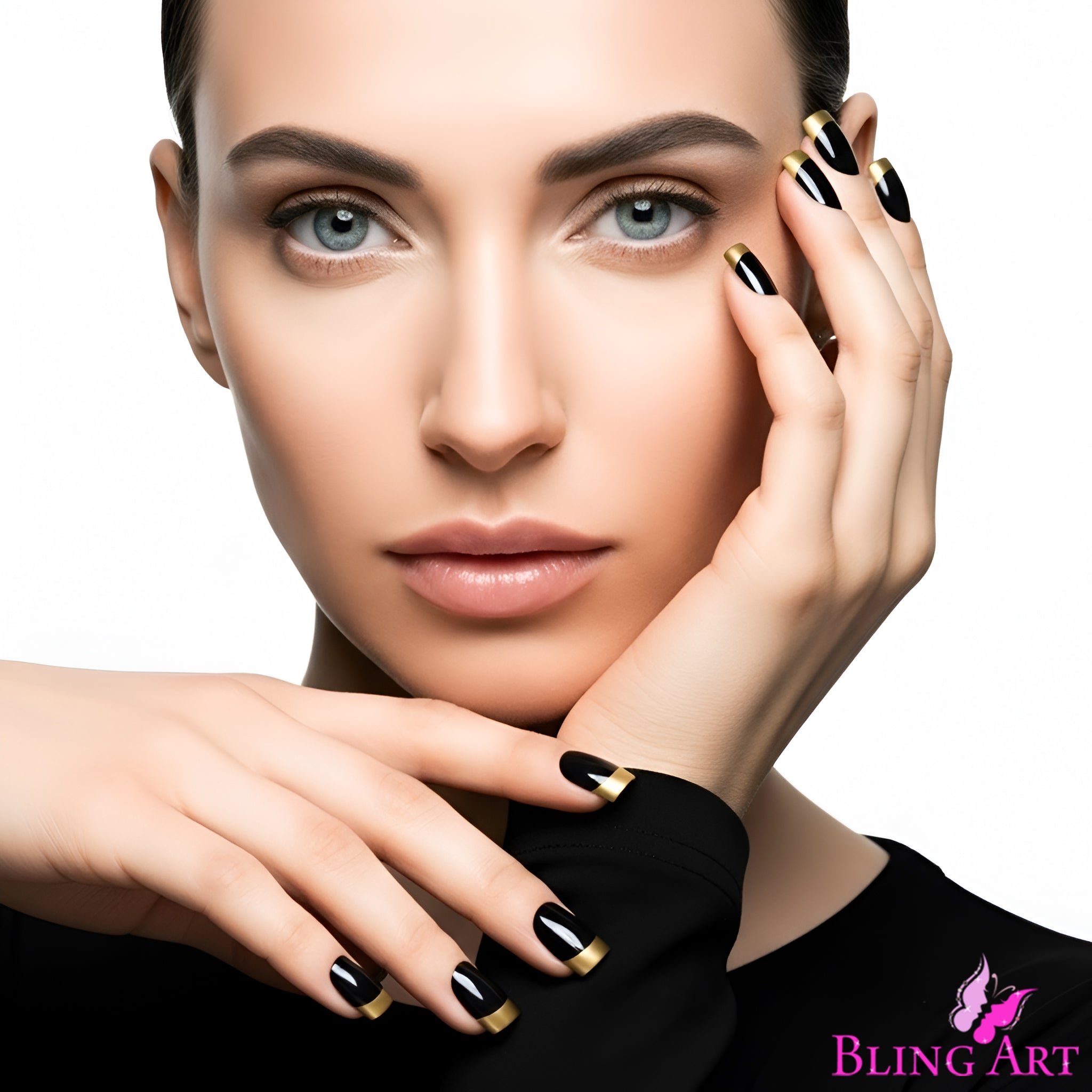 False Nails by Bling Art Gold Black French Manicure Fake Medium Tips with Glue