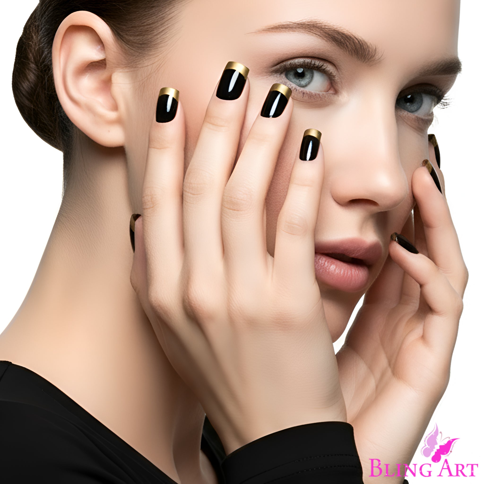 False Nails by Bling Art Gold Black French Manicure Fake Medium Tips with Glue