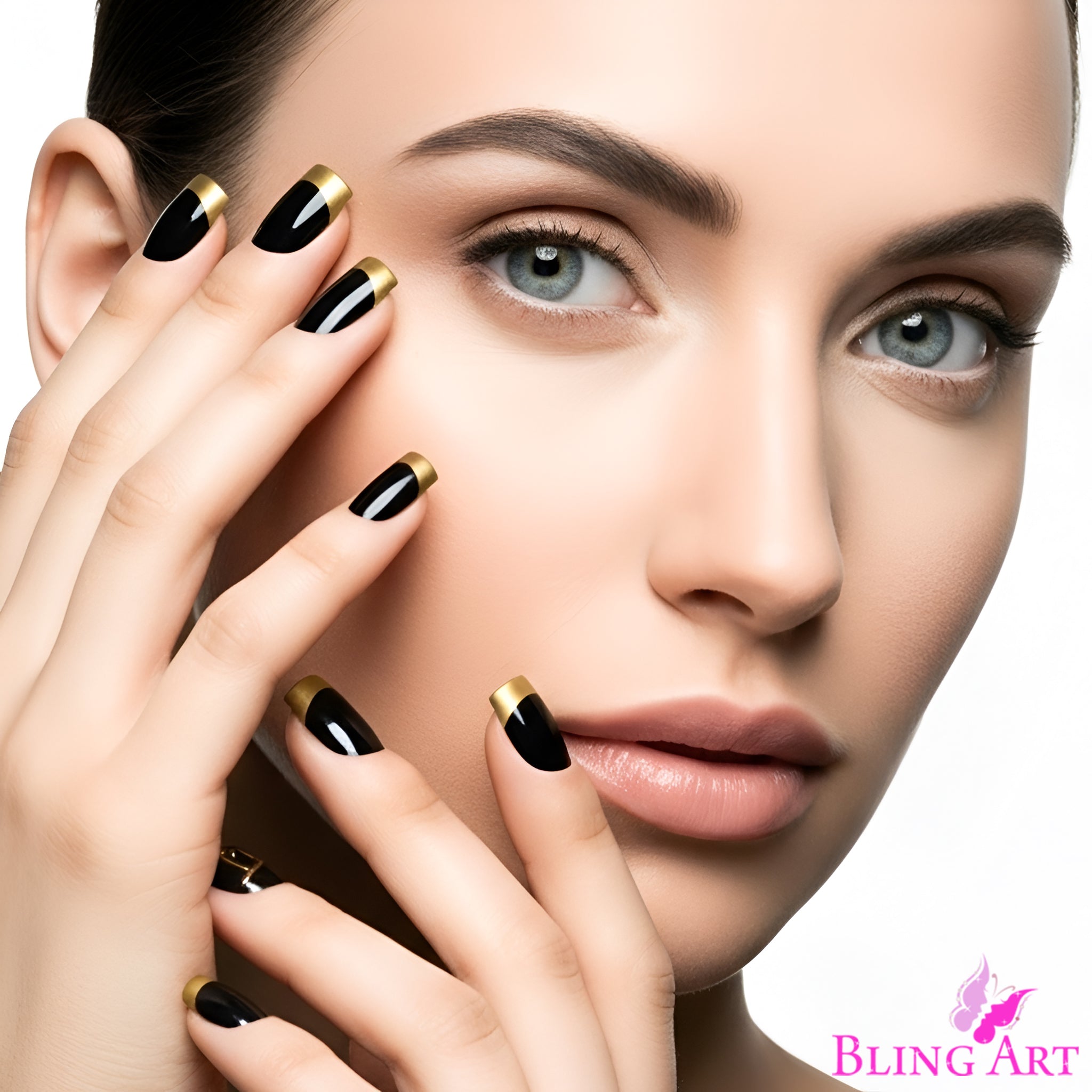 False Nails by Bling Art Gold Black French Manicure Fake Medium Tips with Glue