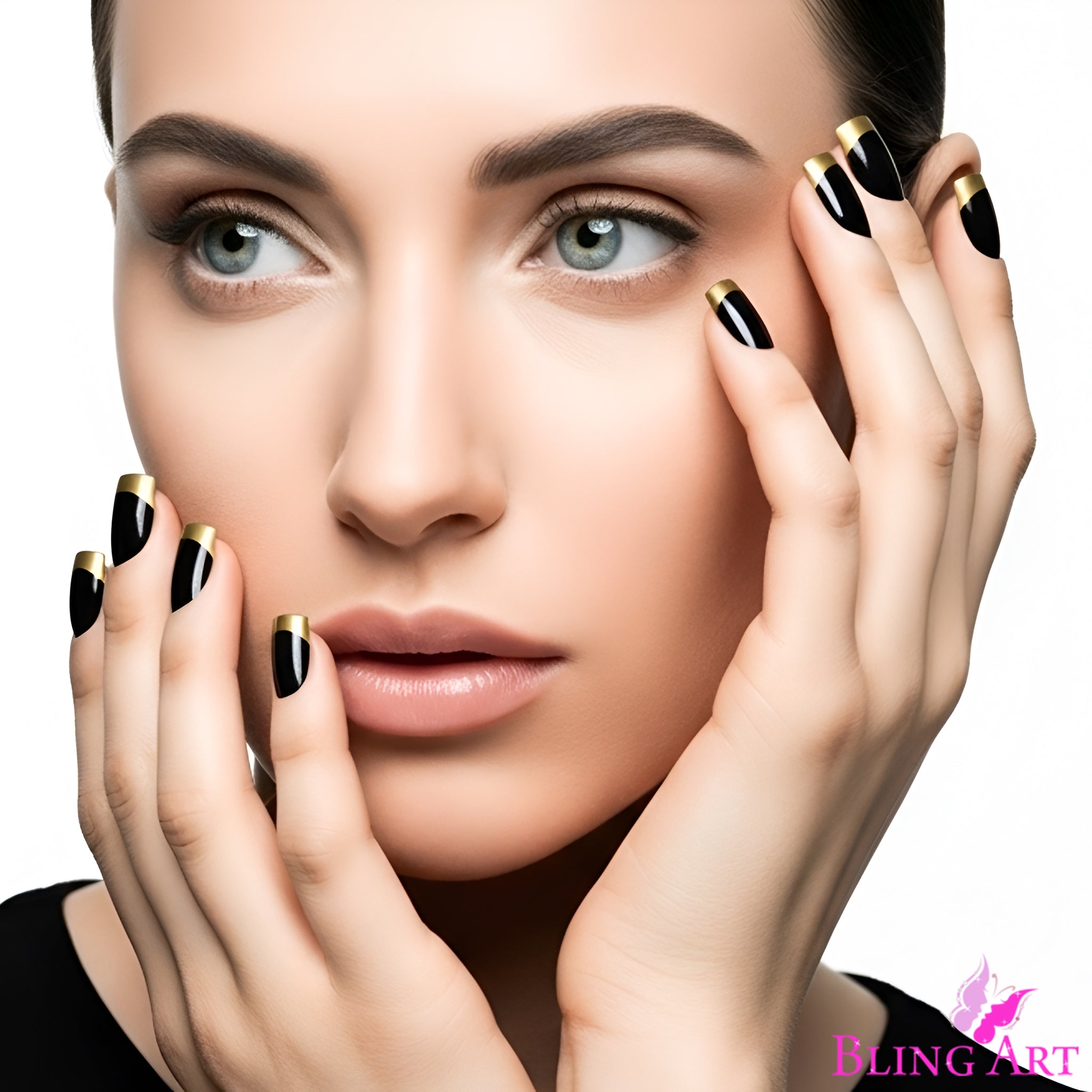 False Nails by Bling Art Gold Black French Manicure Fake Medium Tips with Glue