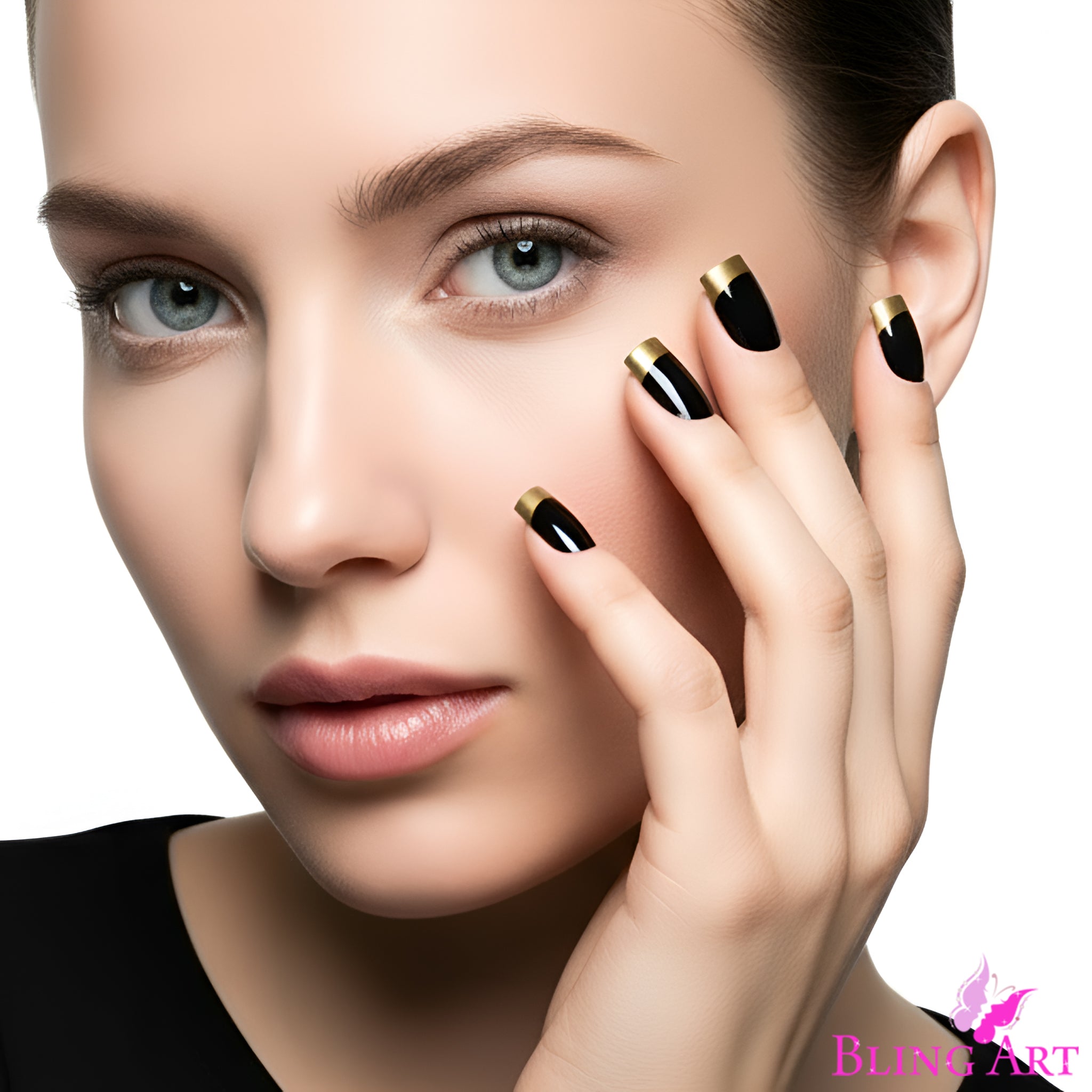 False Nails by Bling Art Gold Black French Manicure Fake Medium Tips with Glue
