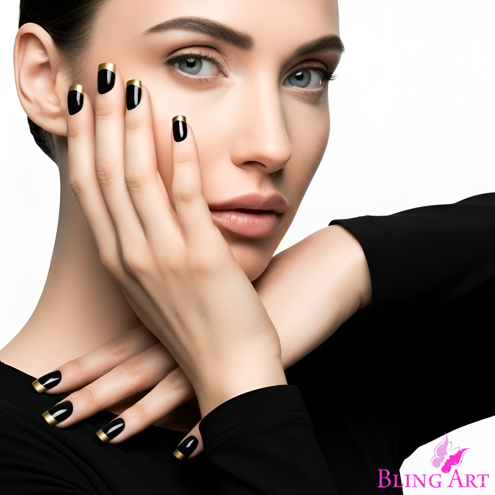 False Nails by Bling Art Gold Black French Manicure Fake Medium Tips with Glue