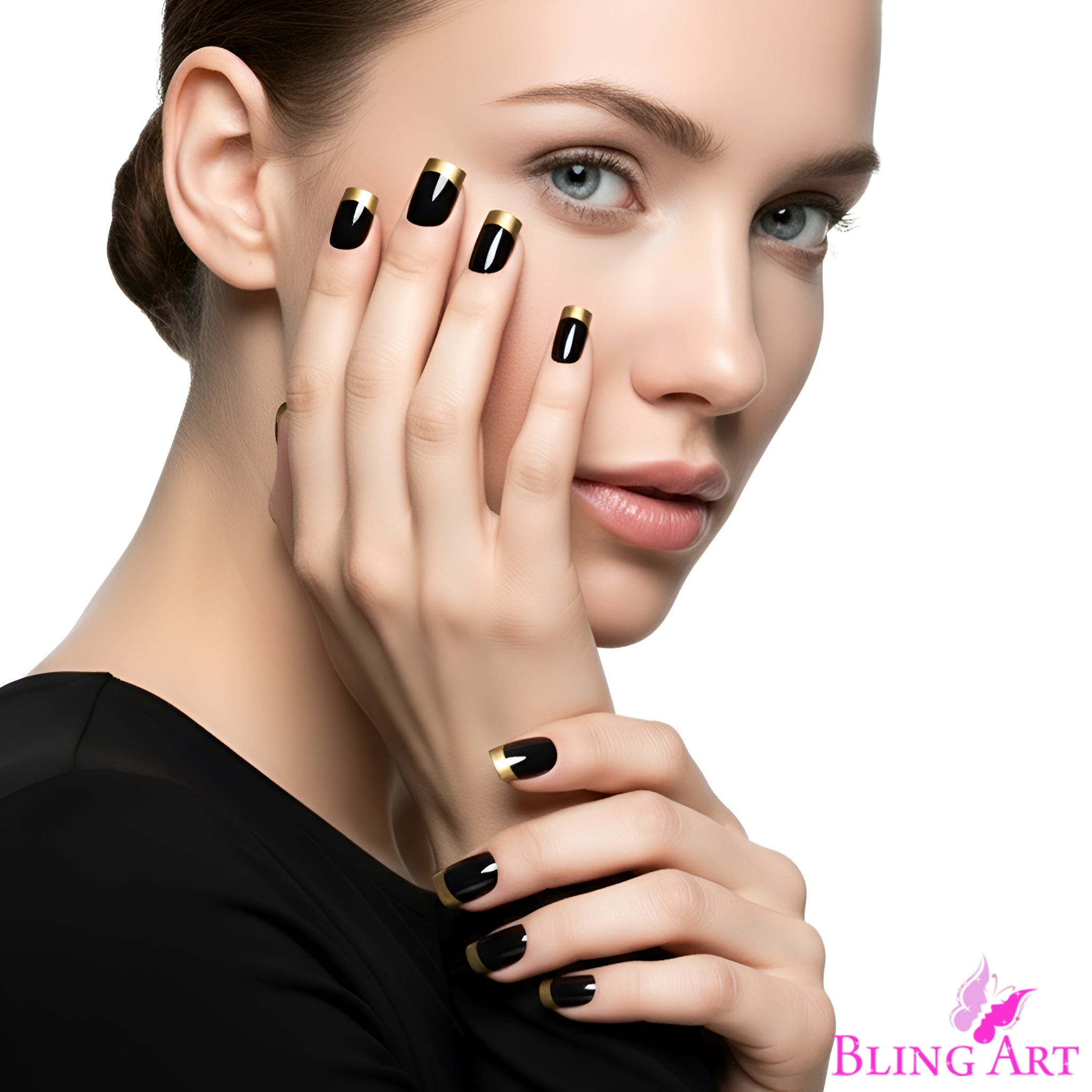 False Nails by Bling Art Gold Black French Manicure Fake Medium Tips with Glue