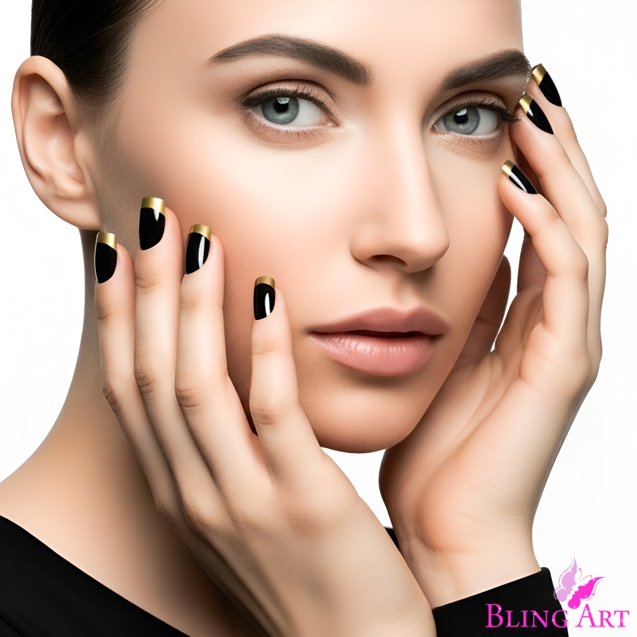 False Nails by Bling Art Gold Black French Manicure Fake Medium Tips with Glue