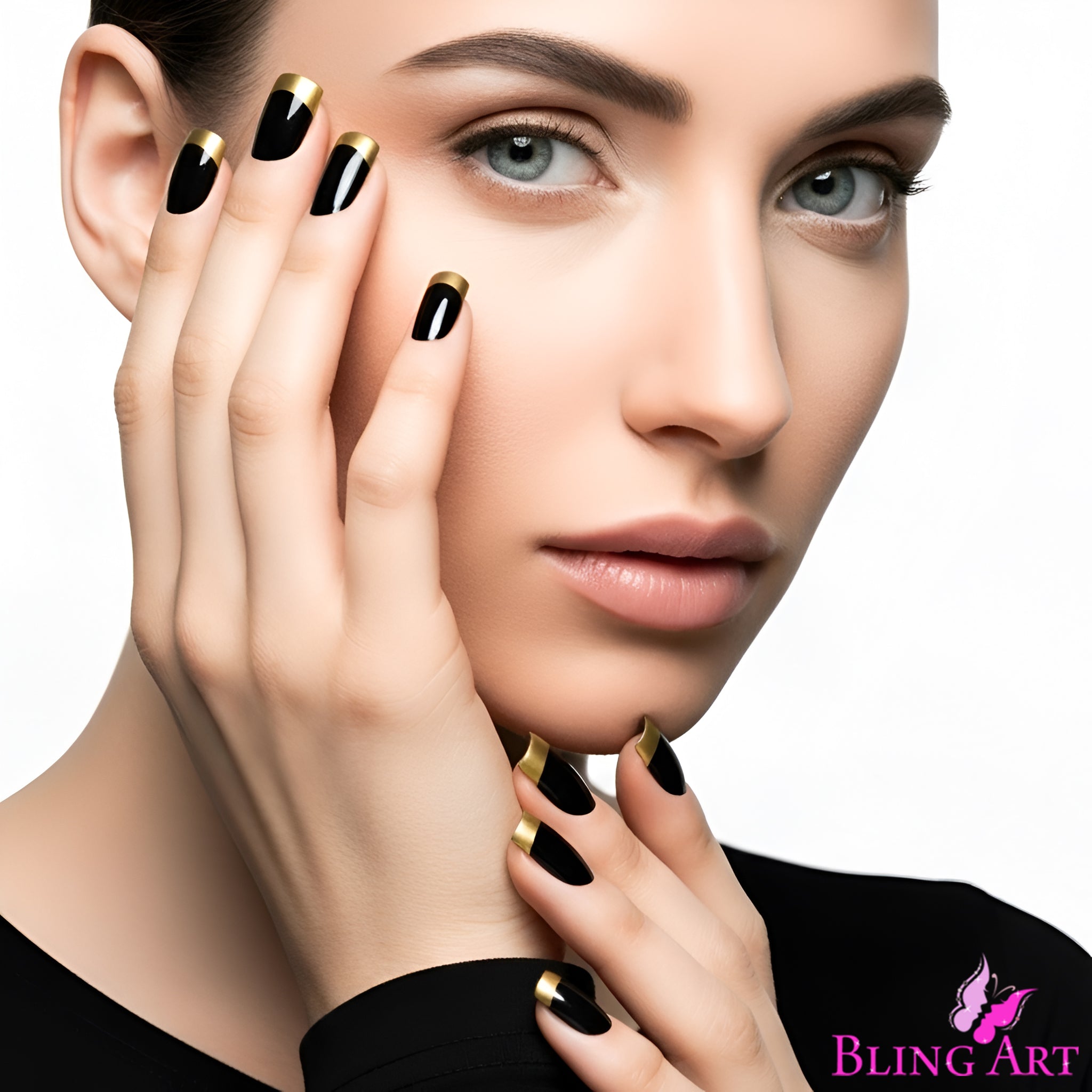 False Nails by Bling Art Gold Black French Manicure Fake Medium Tips with Glue