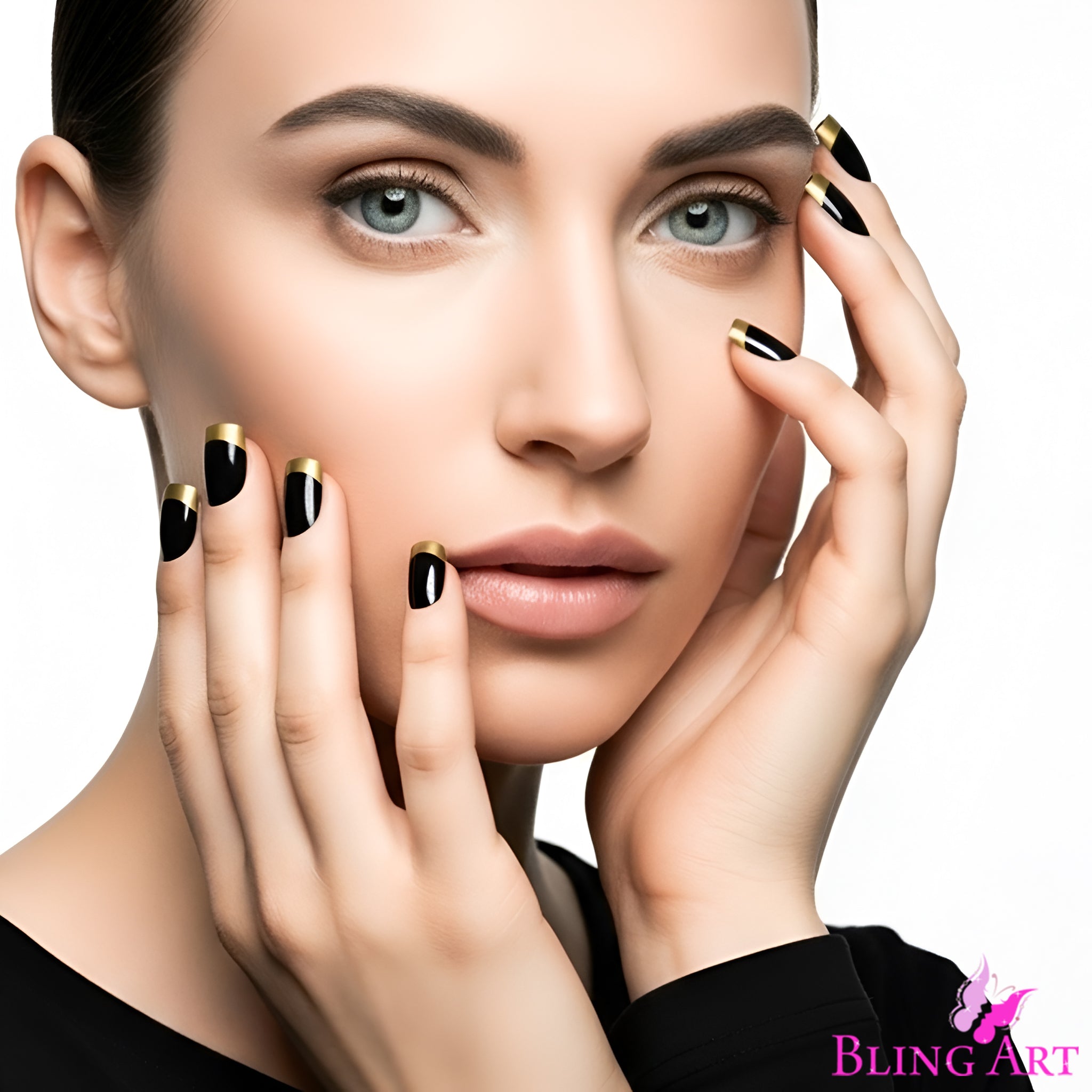 False Nails by Bling Art Gold Black French Manicure Fake Medium Tips with Glue