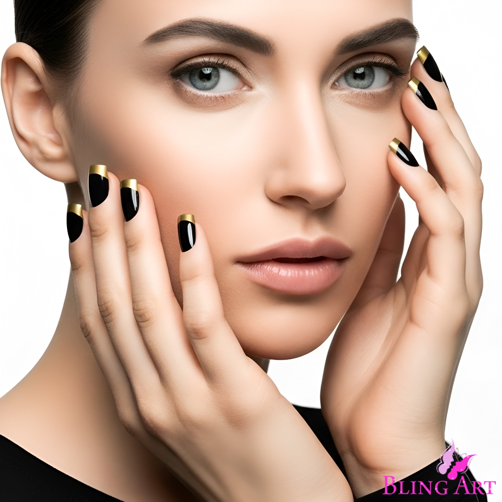 False Nails by Bling Art Gold Black French Manicure Fake Medium Tips with Glue