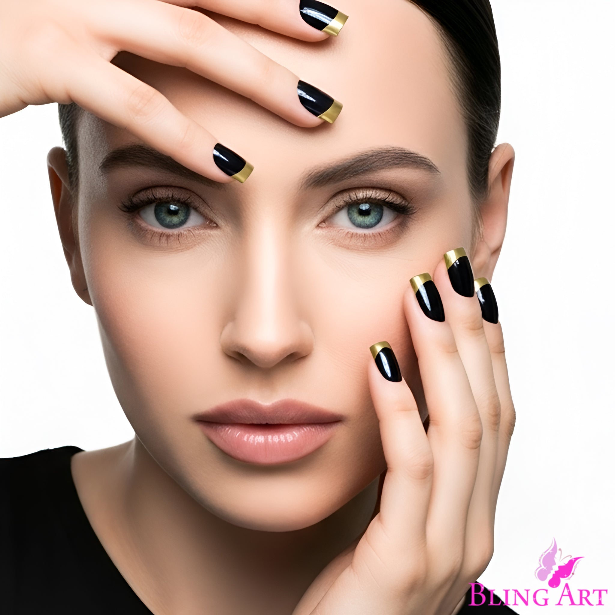 False Nails by Bling Art Gold Black French Manicure Fake Medium Tips with Glue