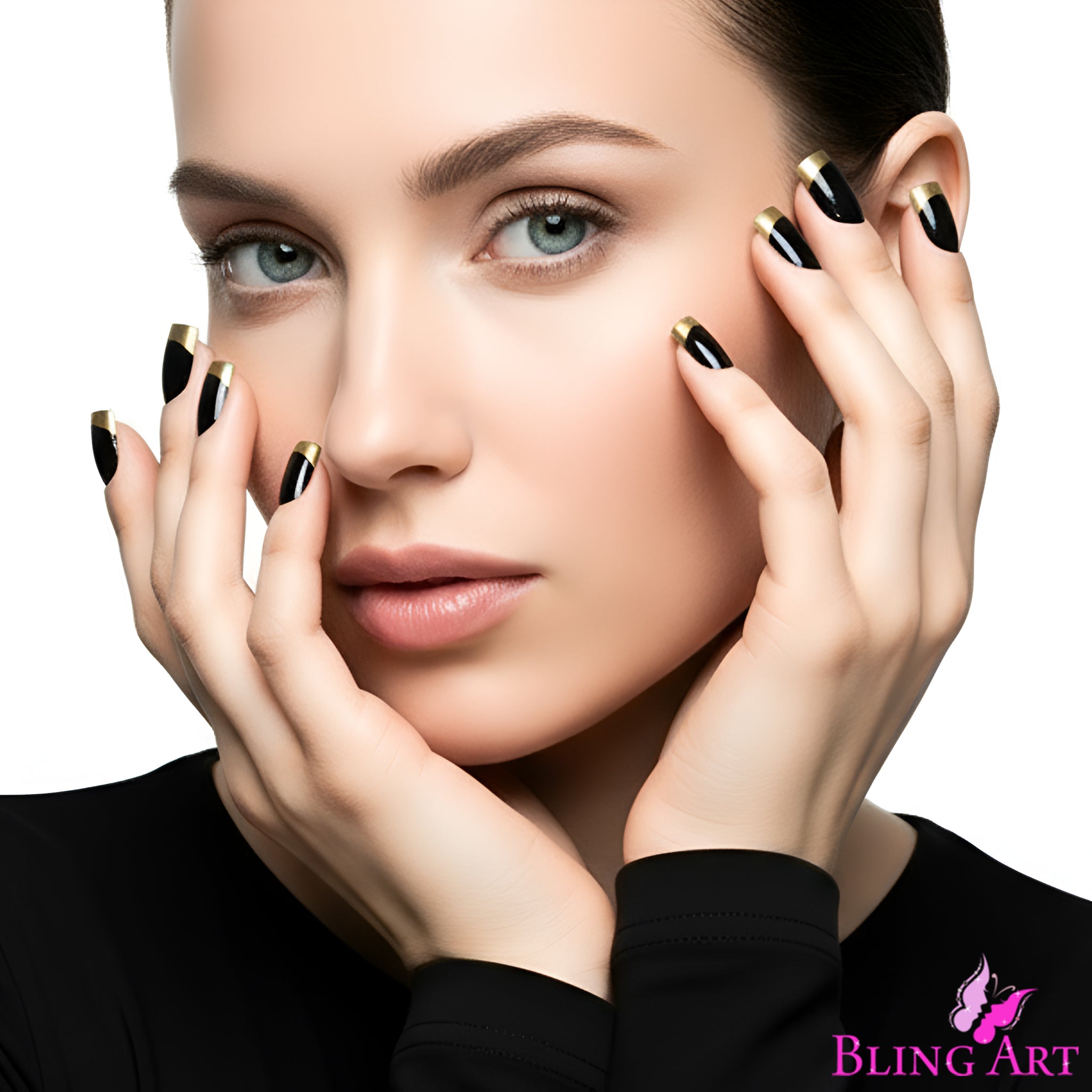 False Nails by Bling Art Gold Black French Manicure Fake Medium Tips with Glue