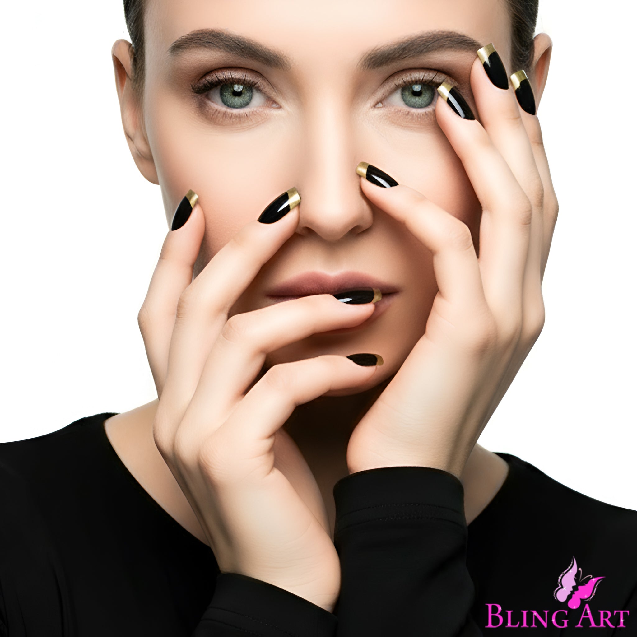 False Nails by Bling Art Gold Black French Manicure Fake Medium Tips with Glue