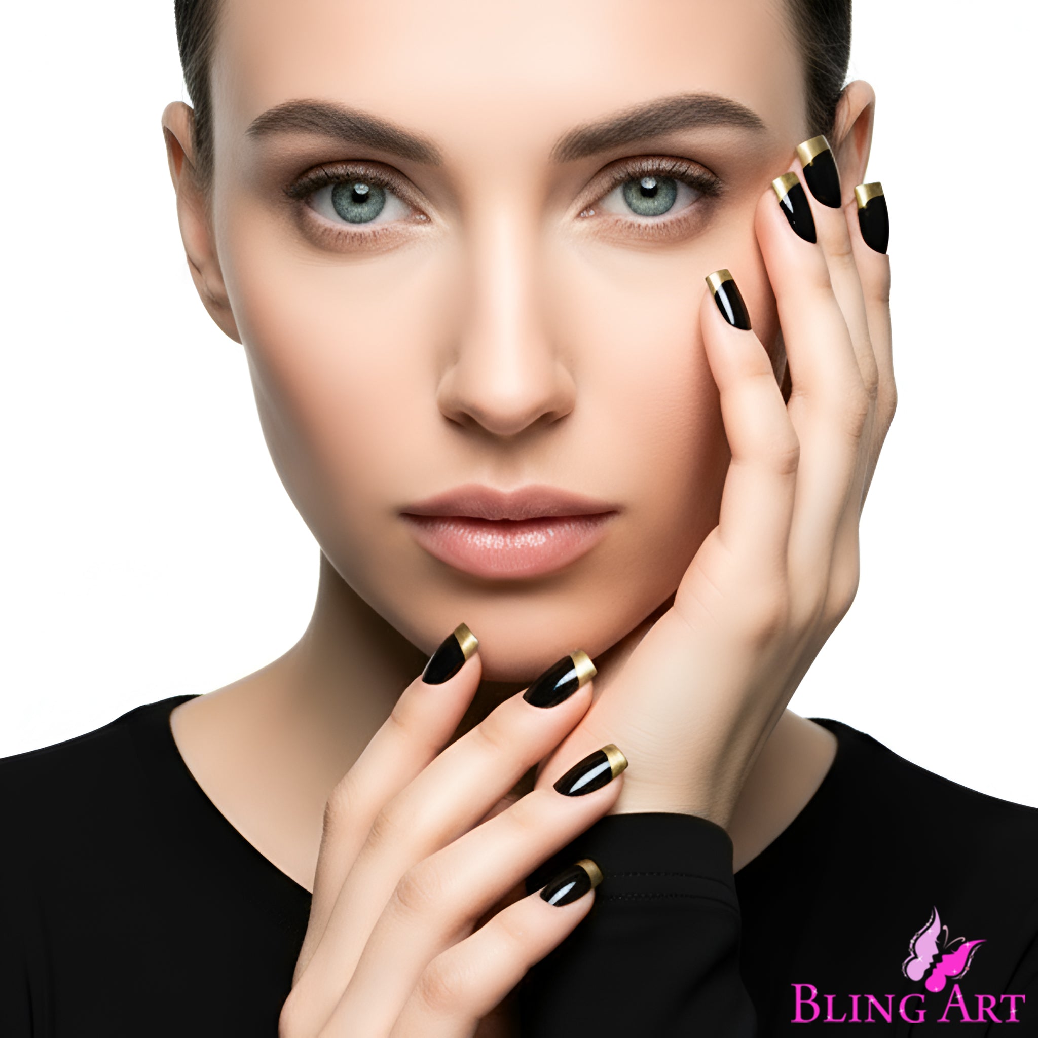 False Nails by Bling Art Gold Black French Manicure Fake Medium Tips with Glue