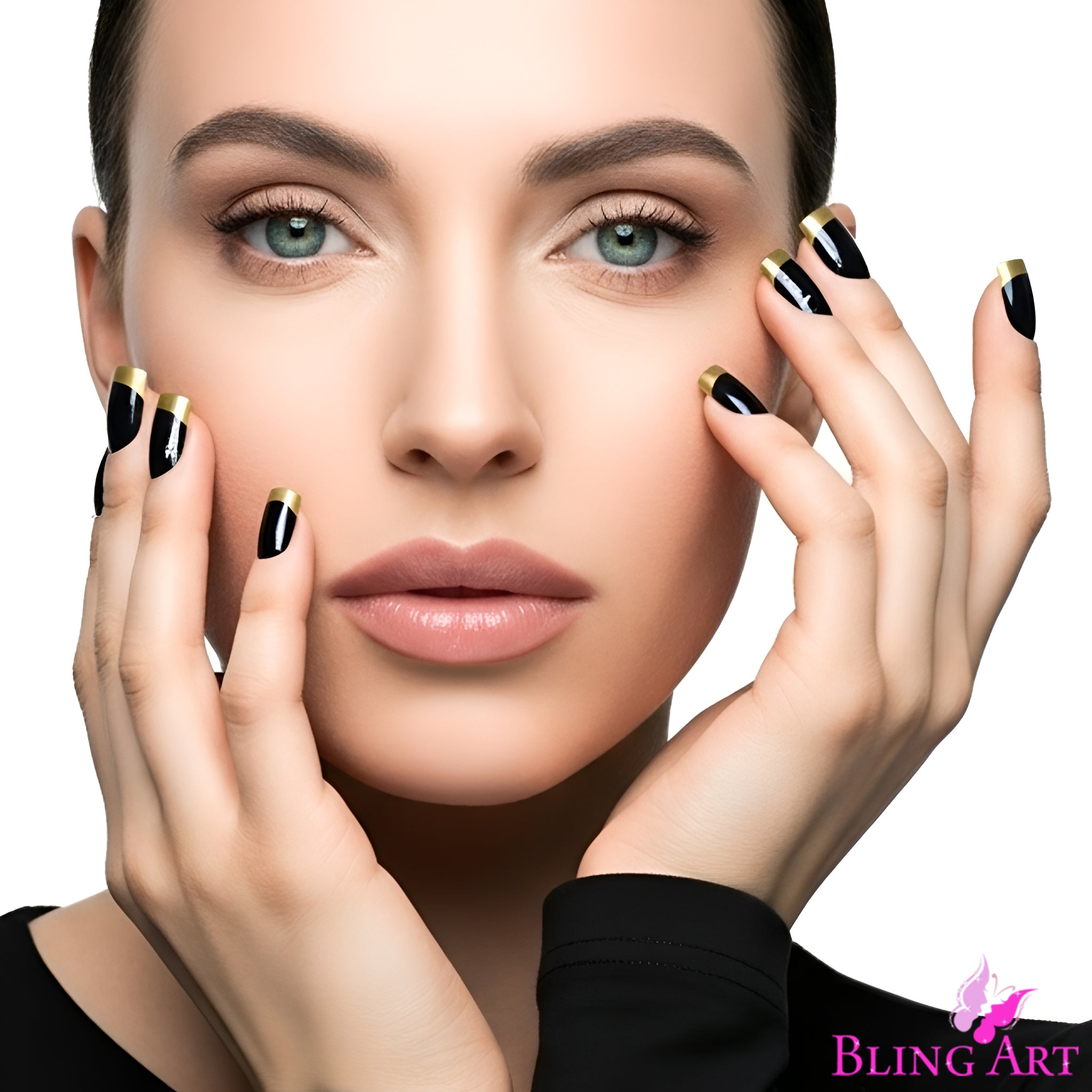 False Nails by Bling Art Gold Black French Manicure Fake Medium Tips with Glue