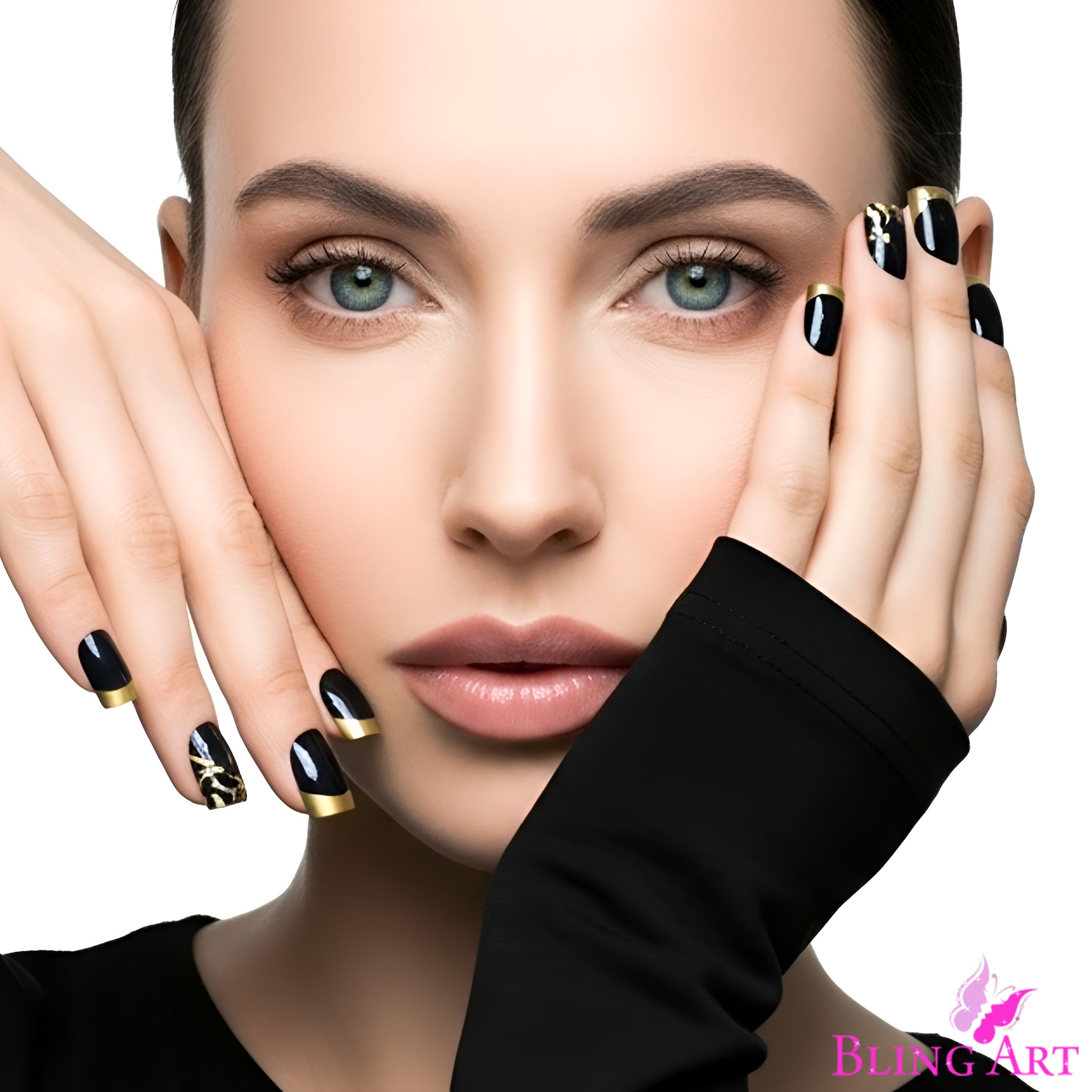 False Nails by Bling Art Gold Black French Manicure Fake Medium Tips with Glue