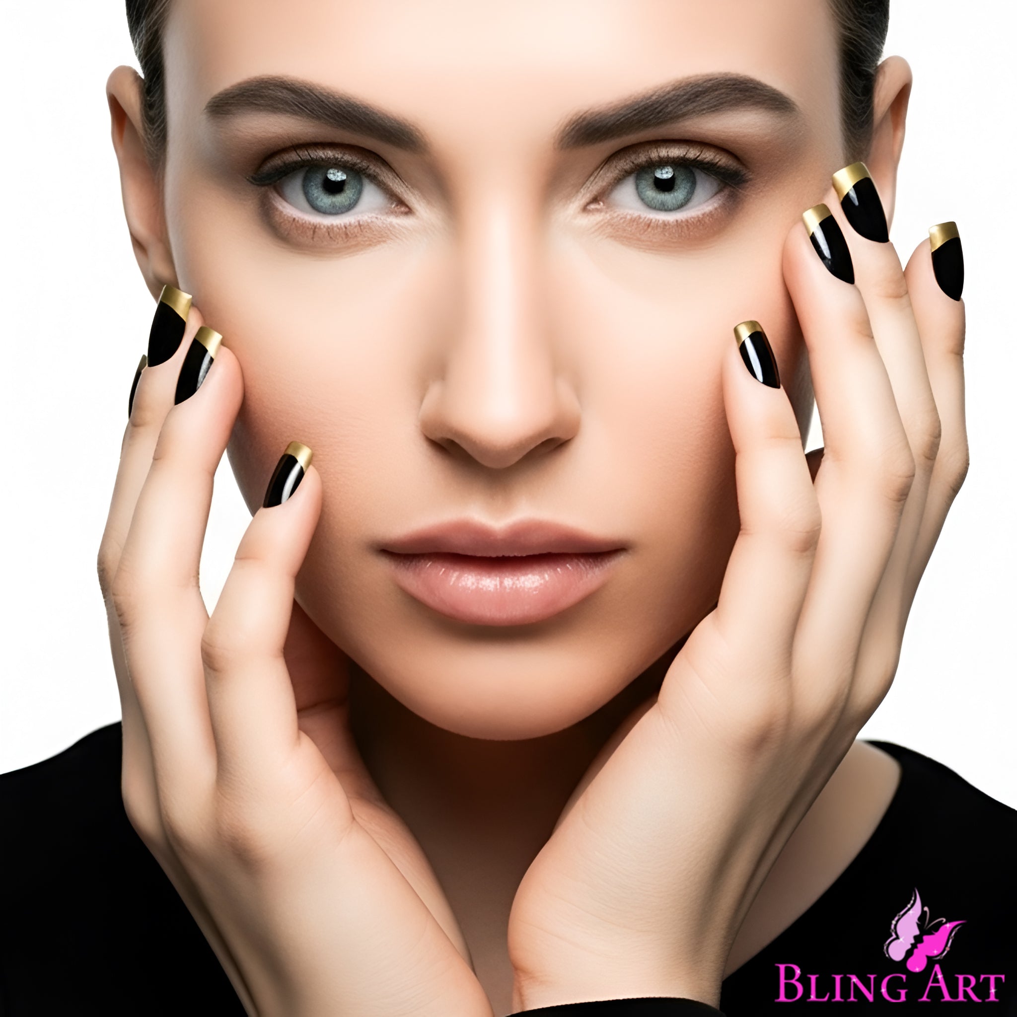 False Nails by Bling Art Gold Black French Manicure Fake Medium Tips with Glue