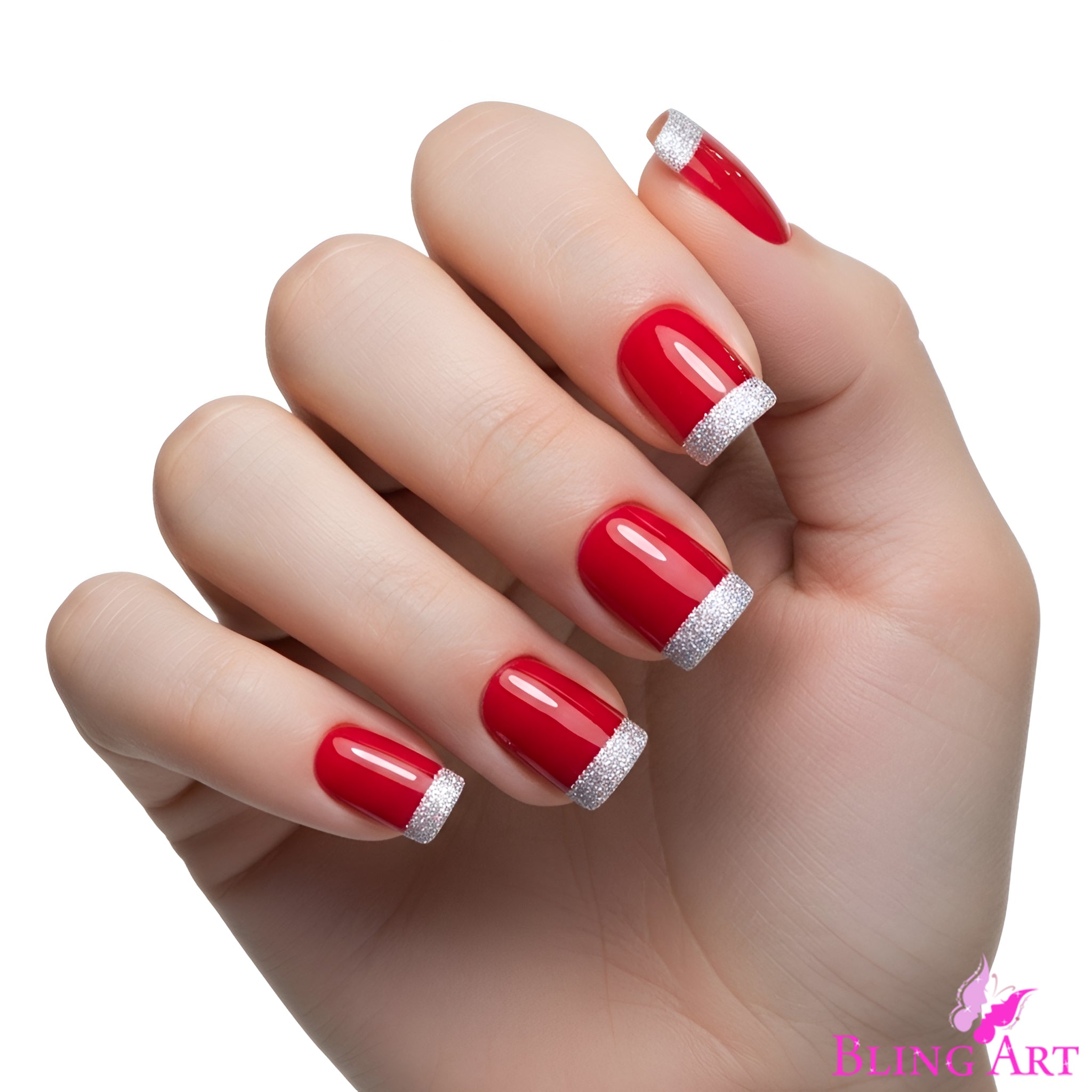 False Nails by Bling Art Red Silver French Manicure Fake Medium Tips with Glue