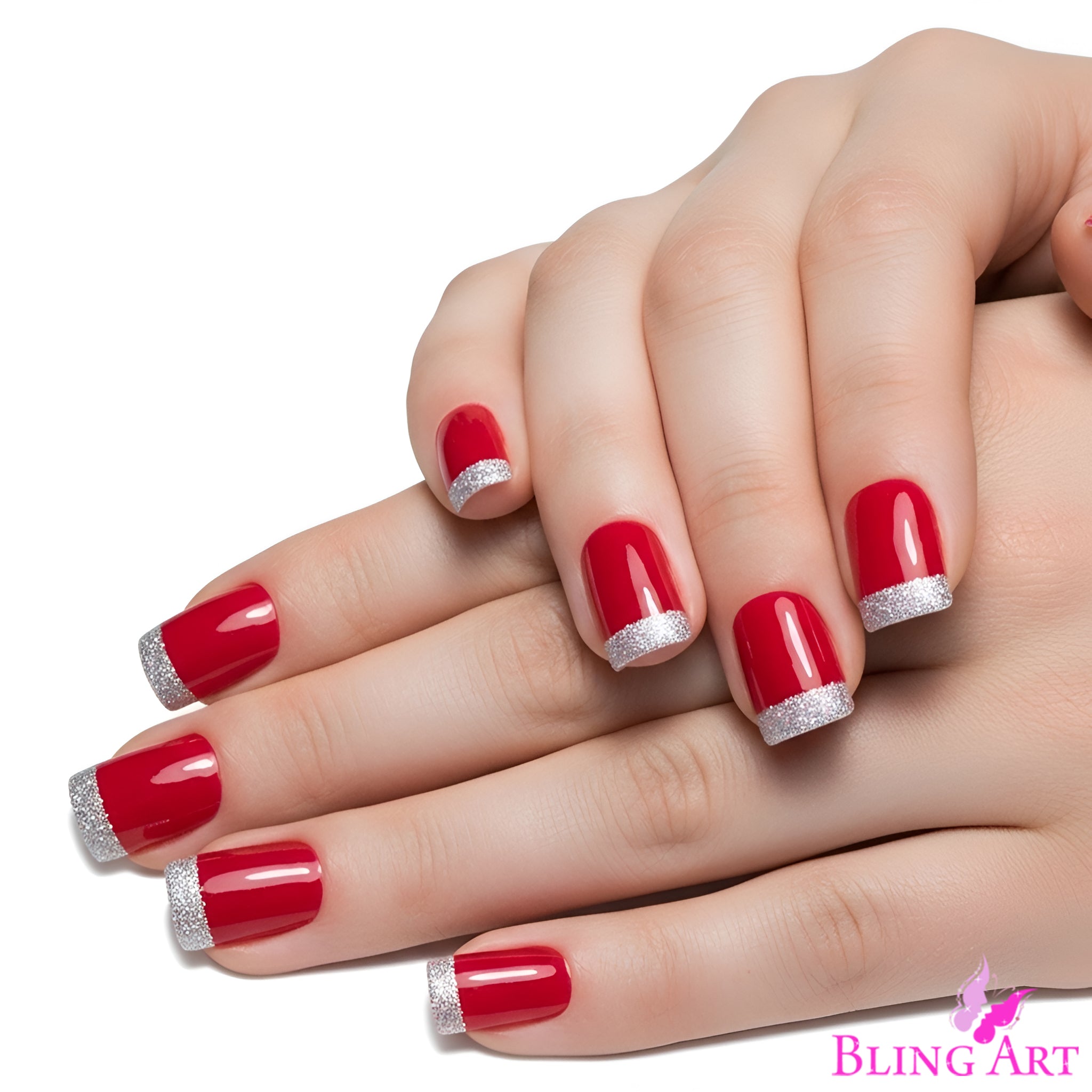 False Nails by Bling Art Red Silver French Manicure Fake Medium Tips with Glue