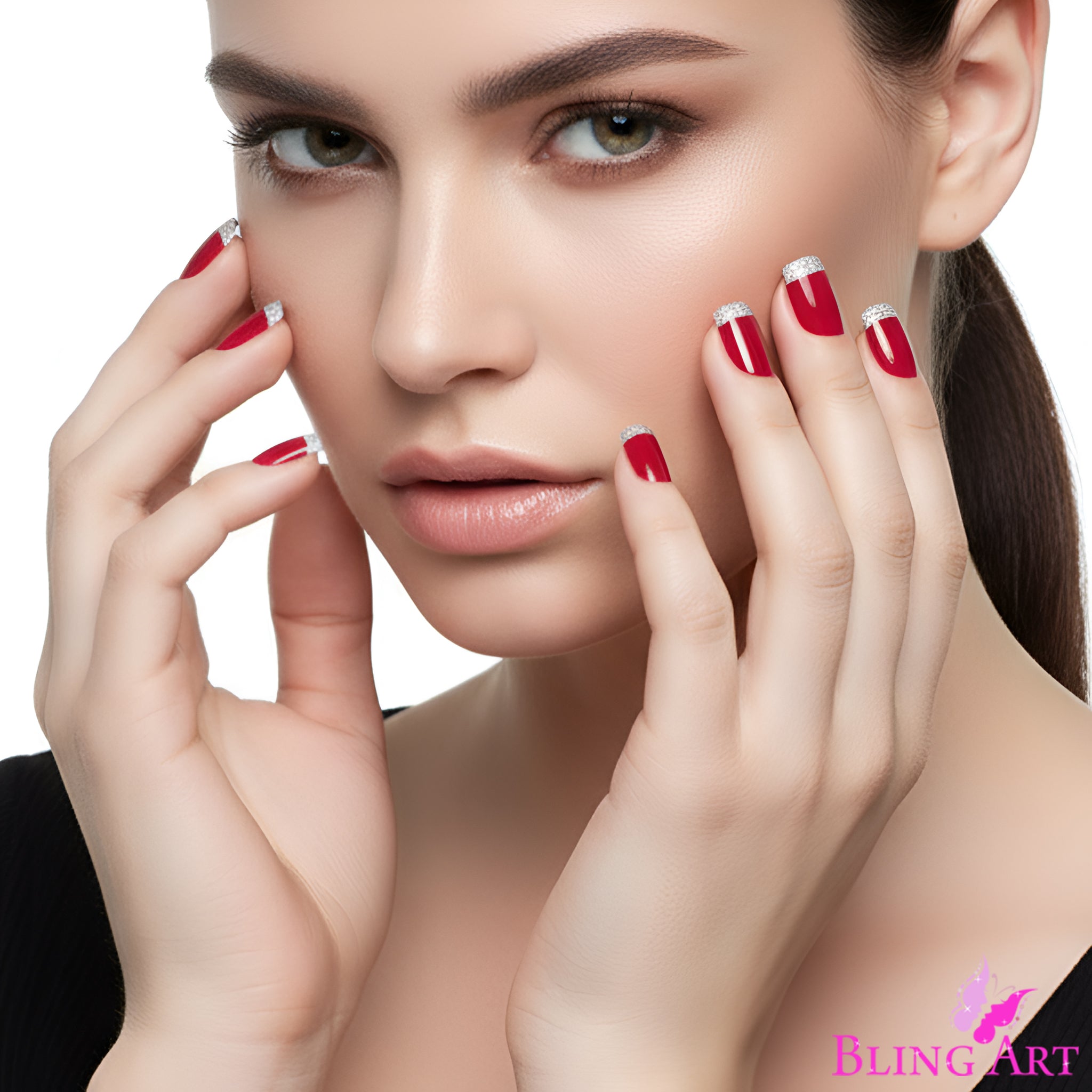 False Nails by Bling Art Red Silver French Manicure Fake Medium Tips with Glue